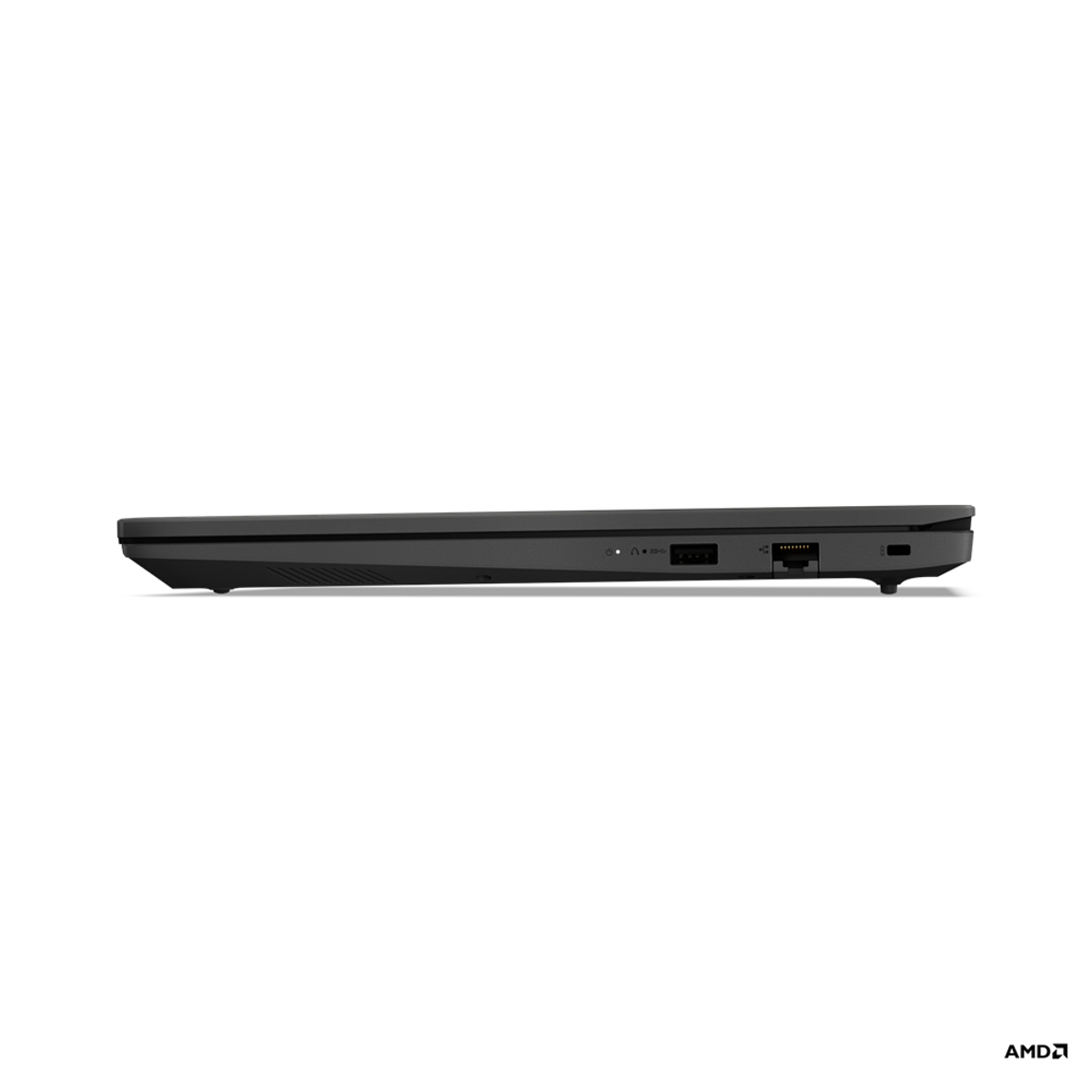 Vista laterale di un laptop nero con porte. Il logo AMD è visibile in basso a destra.