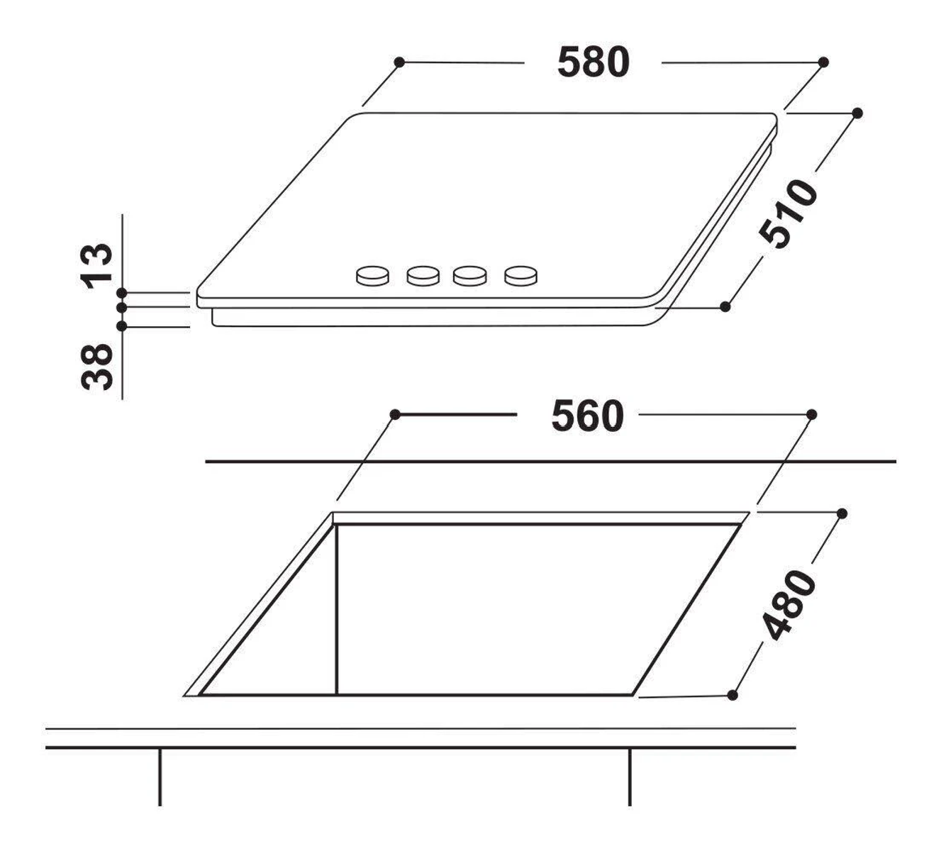 Schemat płyty grzejnej z wymiarami w milimetrach. Kształt prostokątny z czterema okręgami.