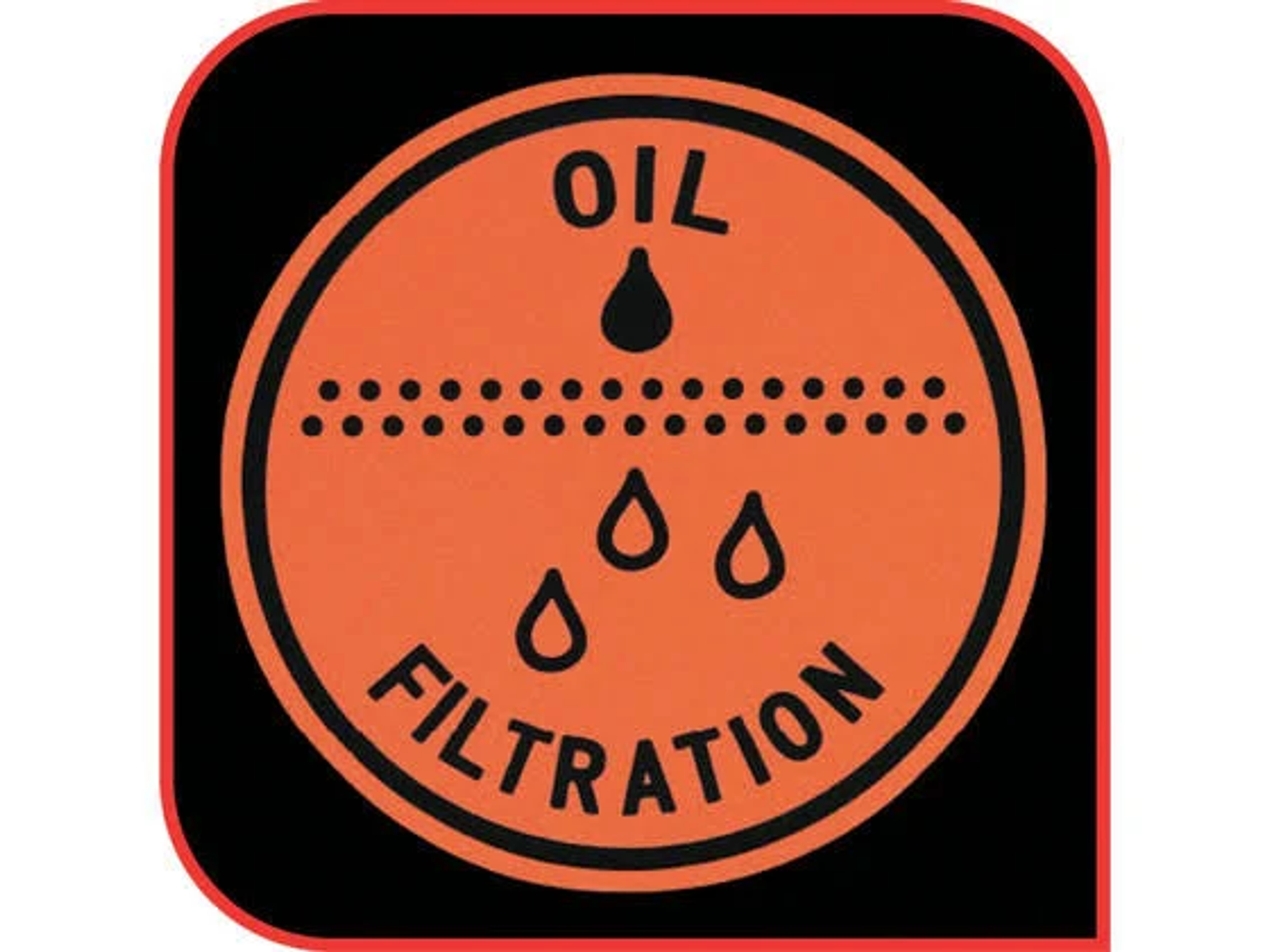 Pomarańczowe koło z ikoną filtracji oleju. Czarne tło, biały tekst "OIL FILTRATION".