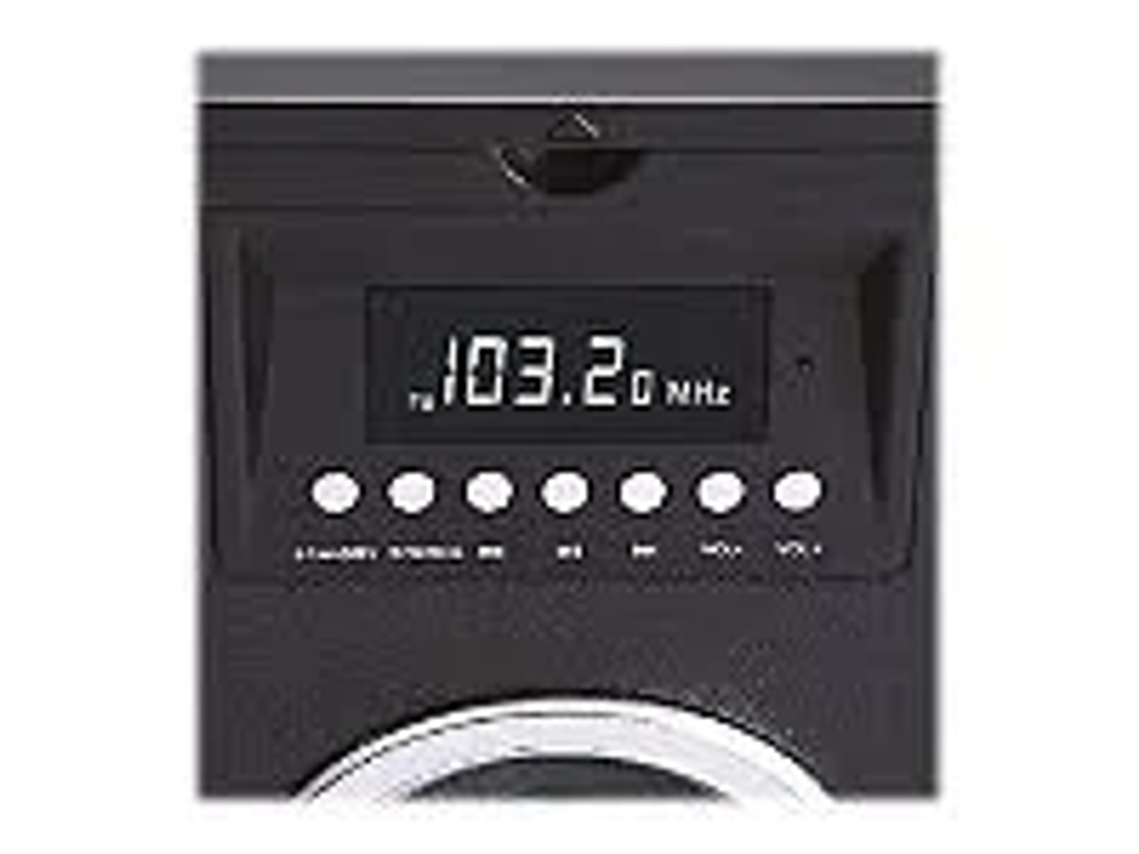 Czarny radio z cyfrowym wyświetlaczem pokazującym częstotliwość 103.2 MHz.