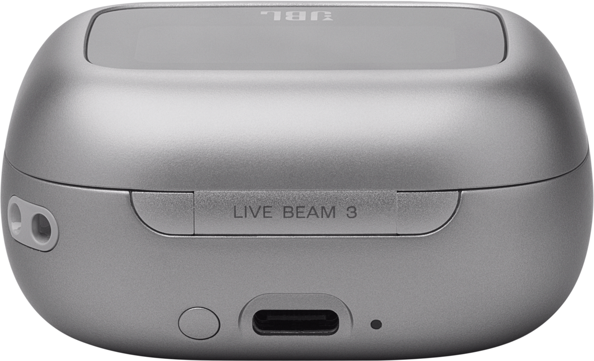 Srebrne etui ładujące JBL Live Beam 3 z portem ładowania.