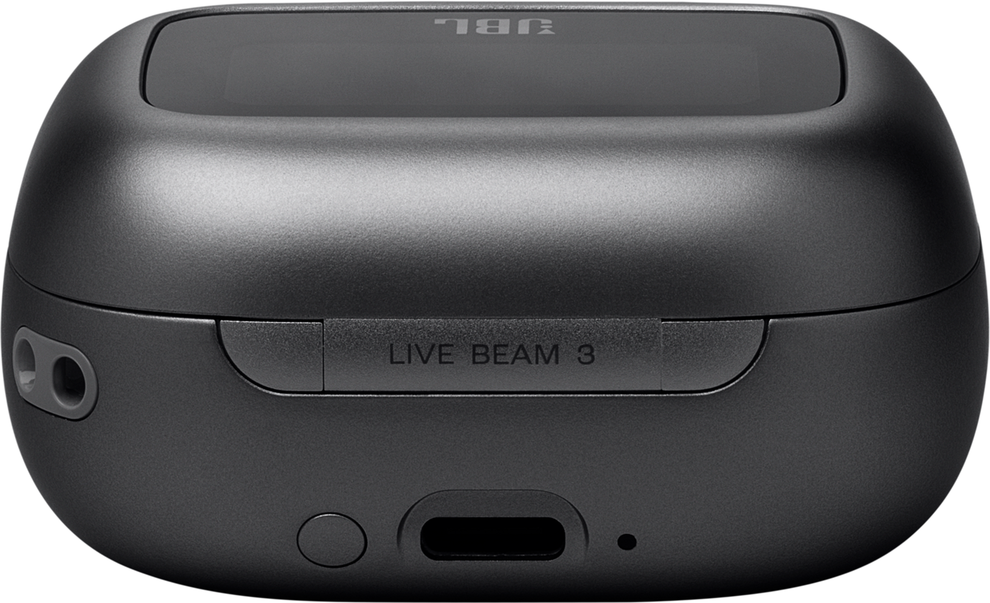 A close-up of a black JBL Live Beam 3 charging case with the name on it.