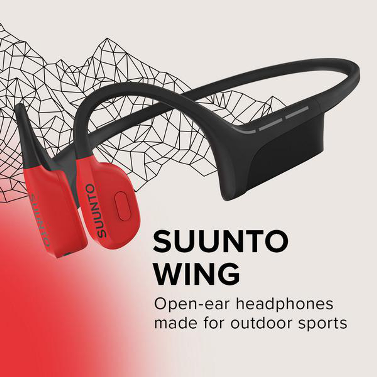 Słuchawki nauszne z czerwonymi wkładkami i czarną opaską na szyję, tekst SUUNTO WING.