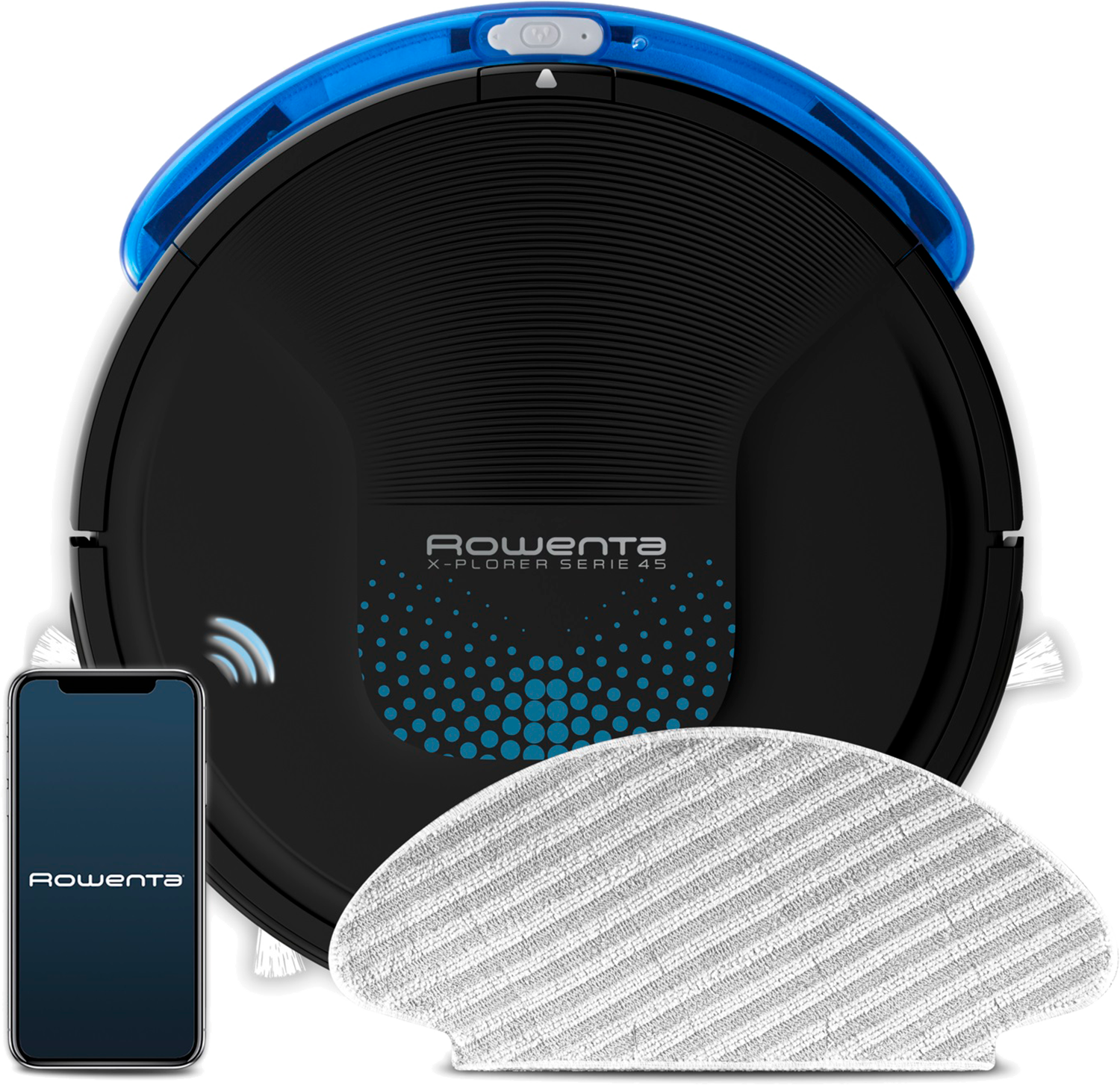 Rowenta robotstofzuiger, app en reinigingspad op een wit oppervlak.