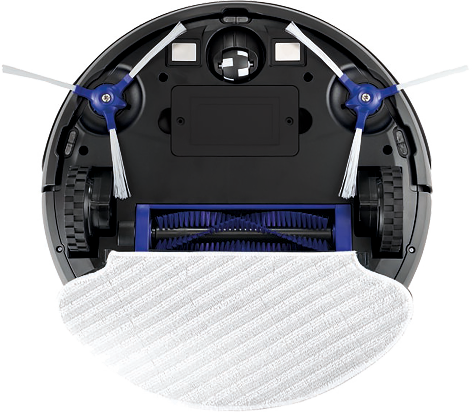 Onderkant van een zwarte robotstofzuiger met borstels en een witte dweilpad.