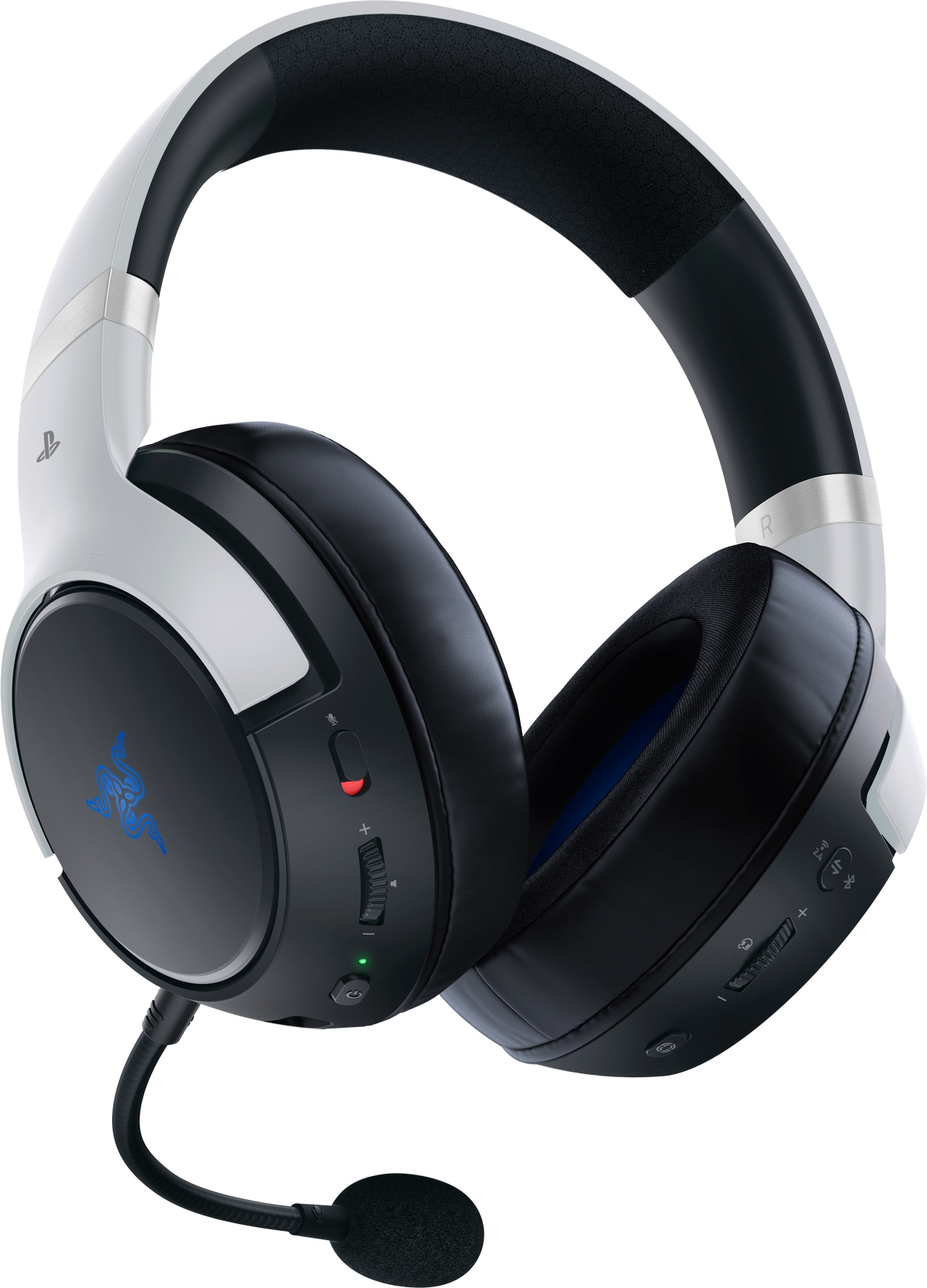 Słuchawki dla graczy Razer, biało-czarny design, z mikrofonem i przyciskami sterowania.