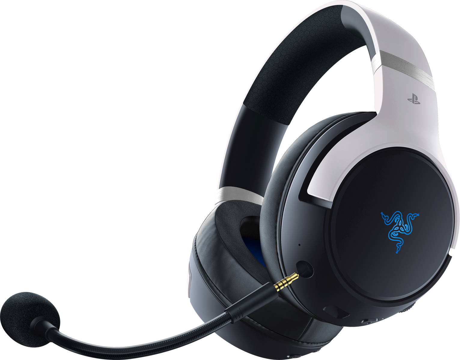 Biało-czarne słuchawki, logo PlayStation.
