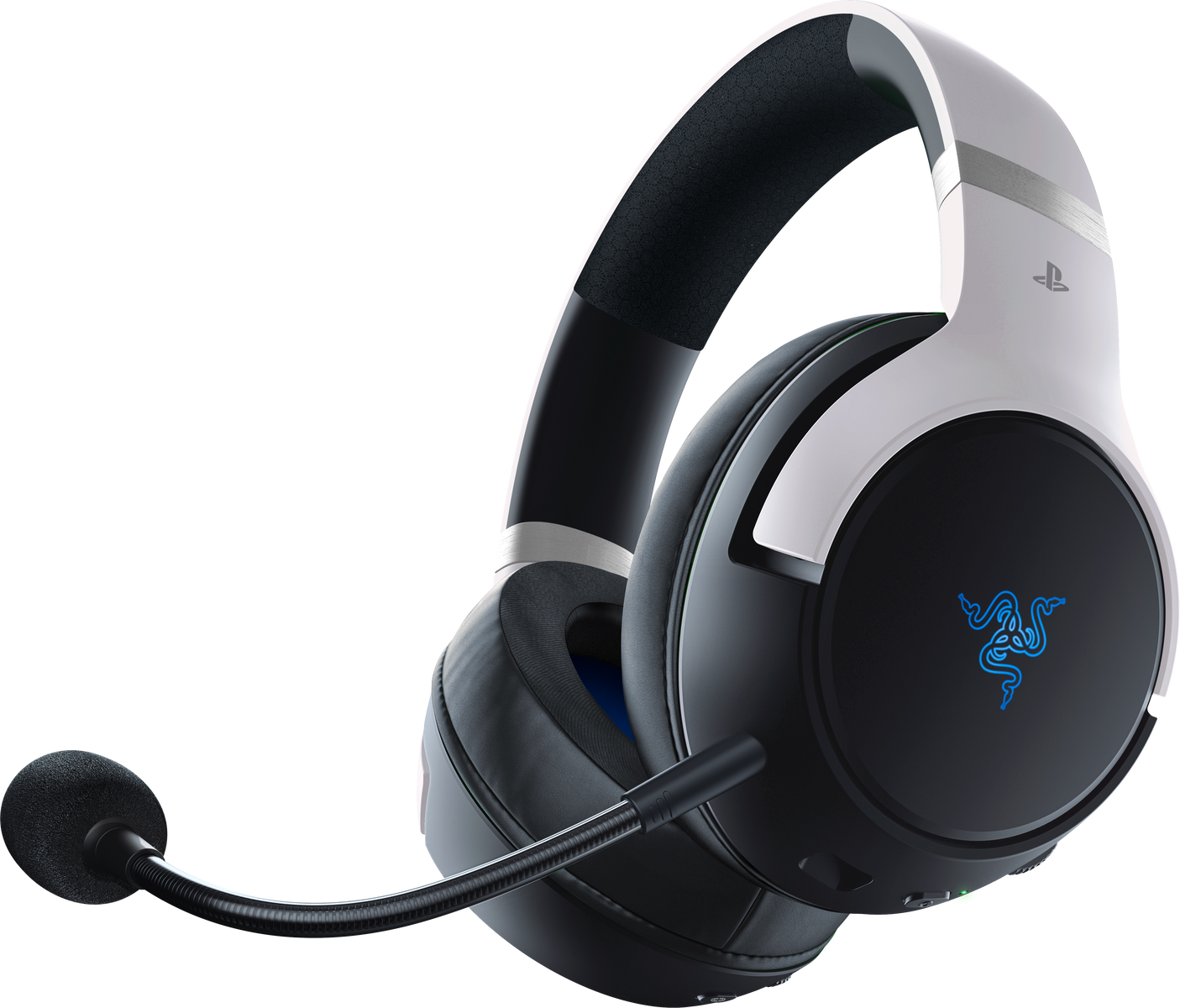 Czarno-biały zestaw słuchawkowy dla graczy z mikrofonem, na czarnym tle.