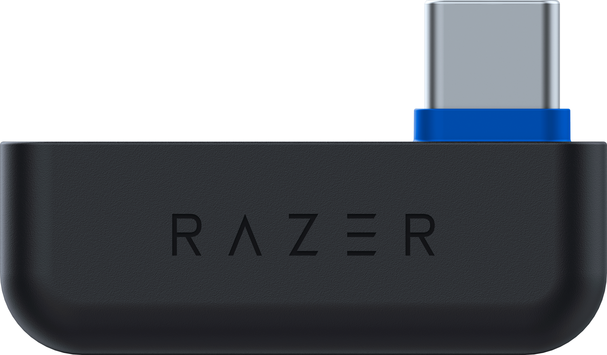 Czarny adapter USB-C Razer z niebieskimi akcentami. Widoczne logo Razer.