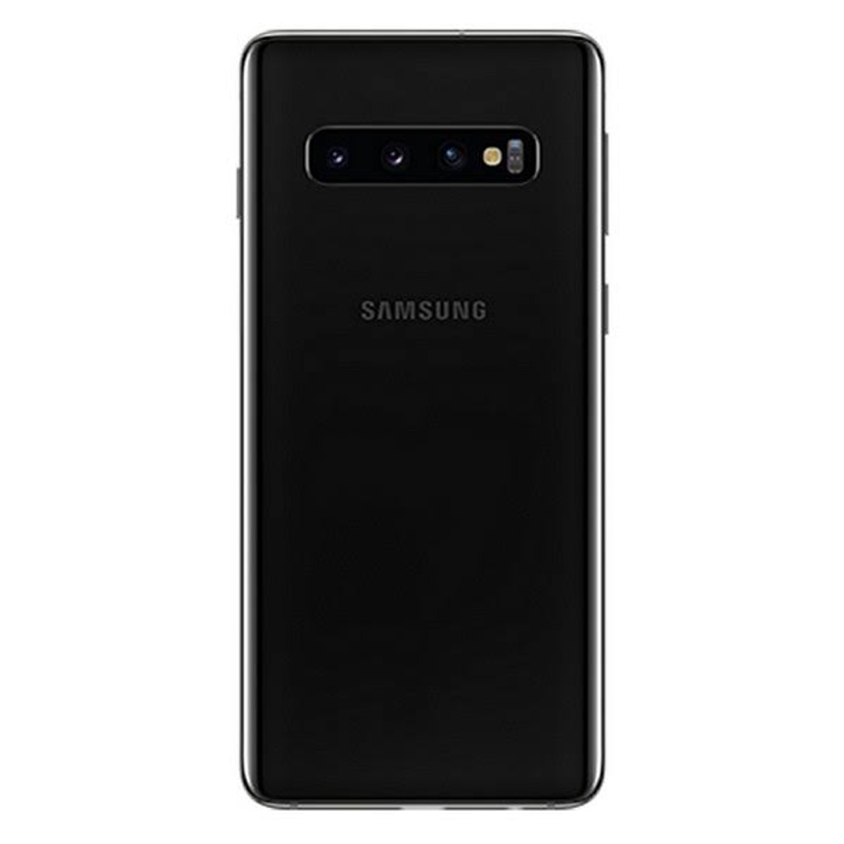 Tył czarnego telefonu Samsung z trzema aparatami i nazwą marki na środku.