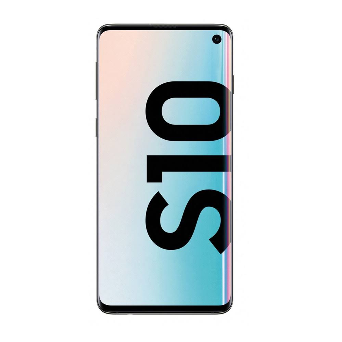 Czarny smartfon ze słowem „S10” dużymi białymi literami na ekranie.