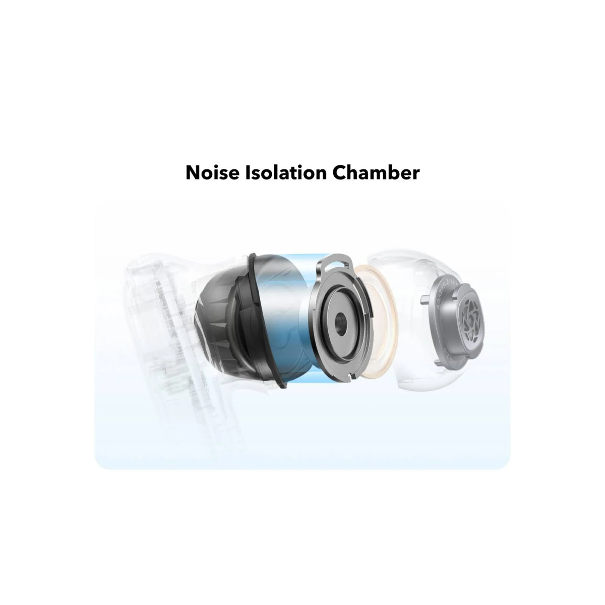 Schemat wnętrza słuchawki, z etykietą komory izolacji szumów.