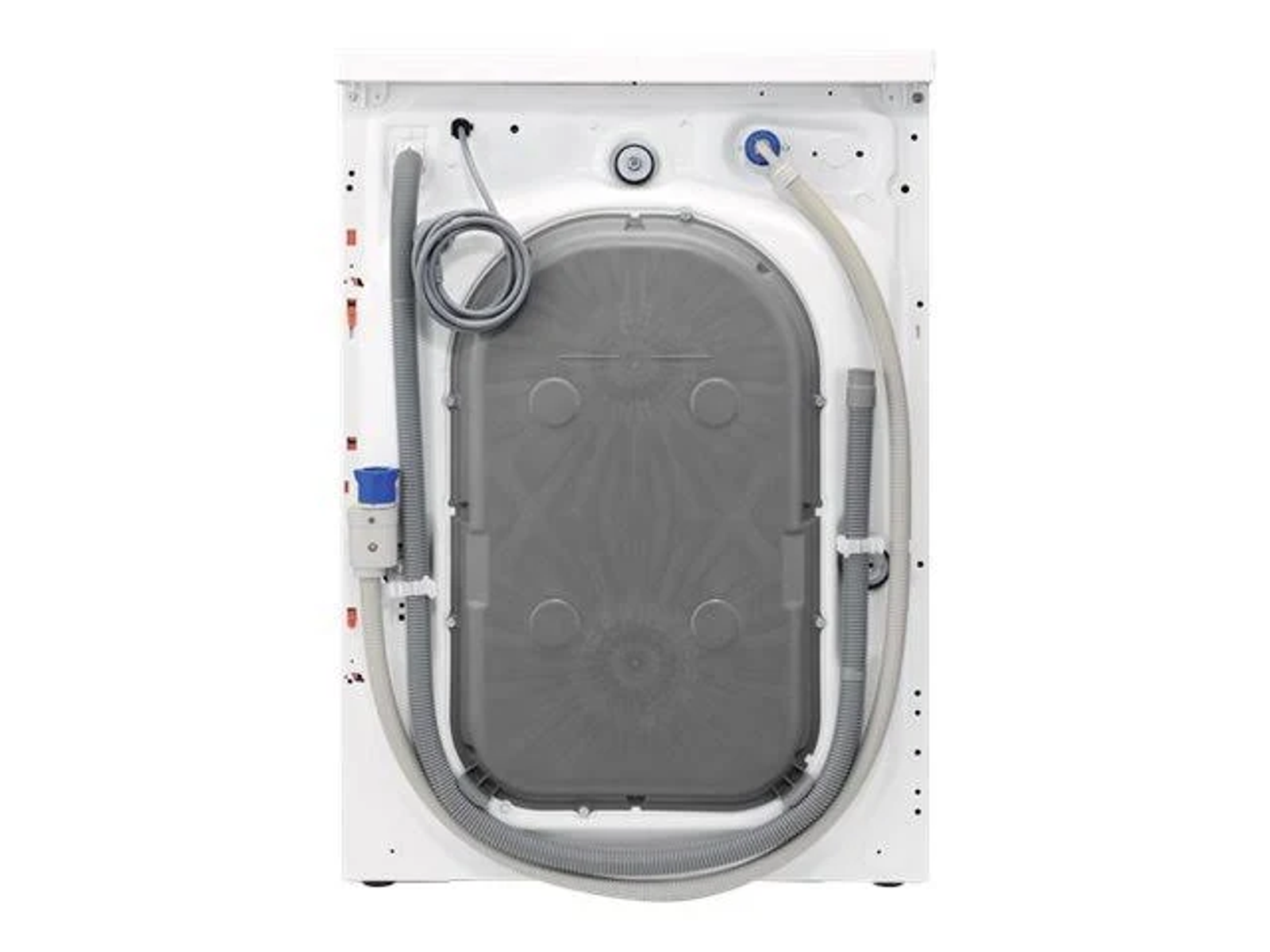 Tył białej pralki. Węże, szary panel i wloty.