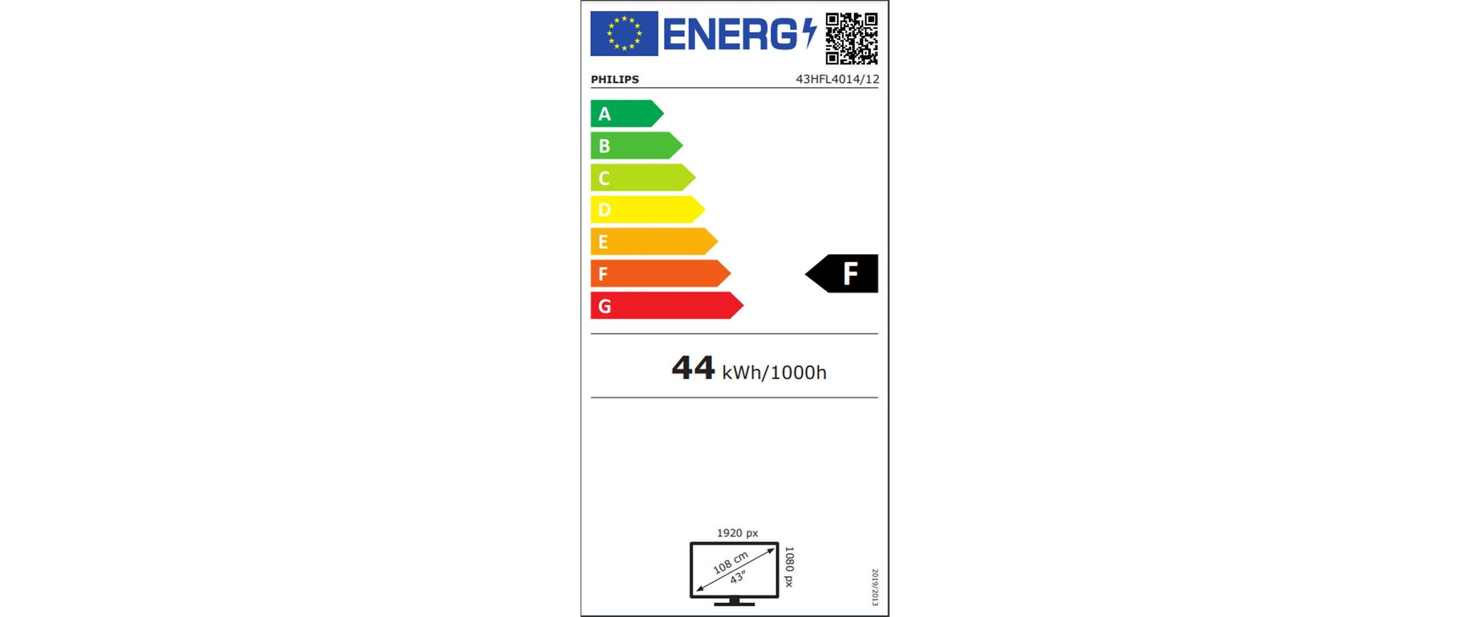 Etiqueta energética que muestra la clase de eficiencia, con una calificación de F, y el uso de energía.