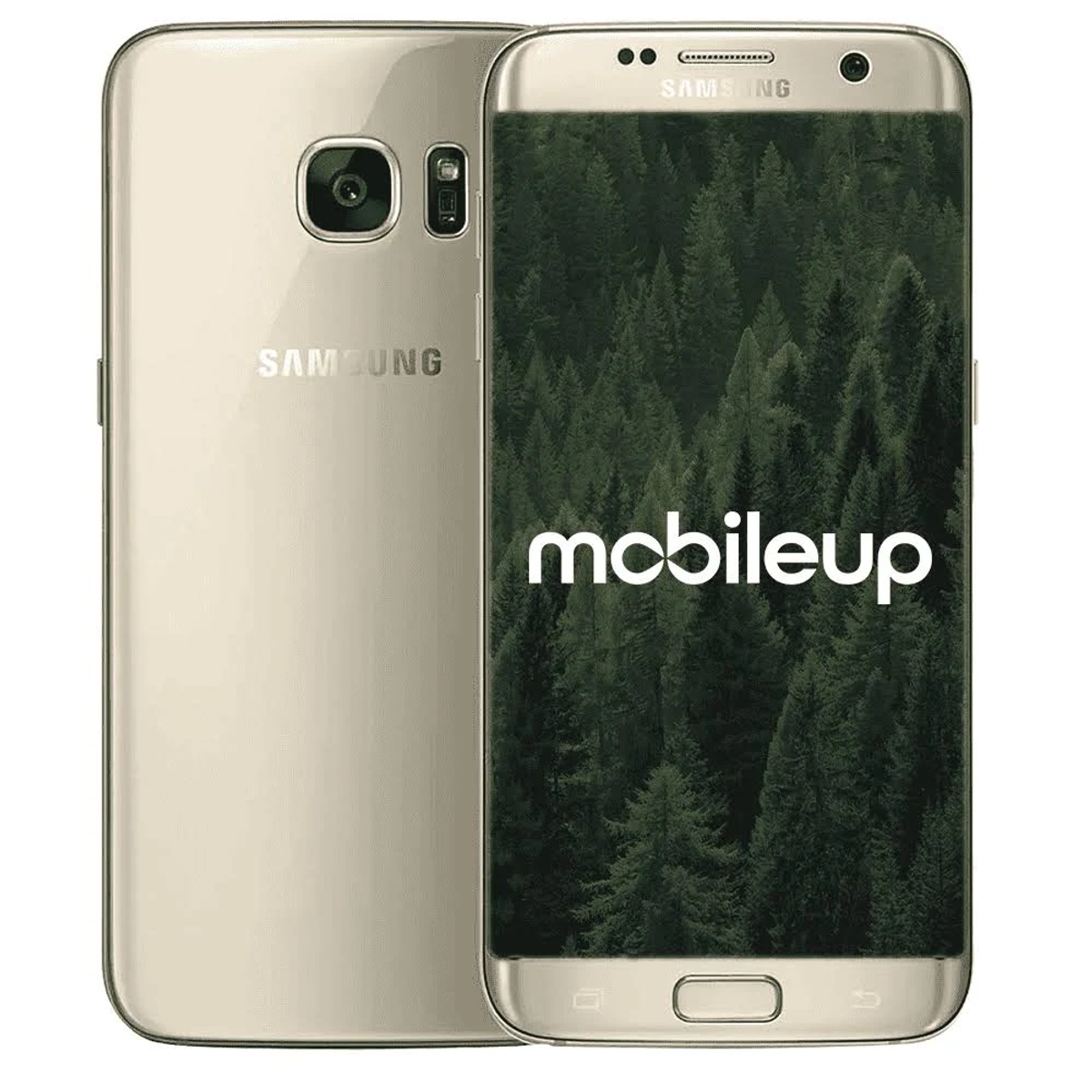 Smartphone mit goldener Rückseite und Mobileup-Bildschirm, zeigt eine Waldszene.
