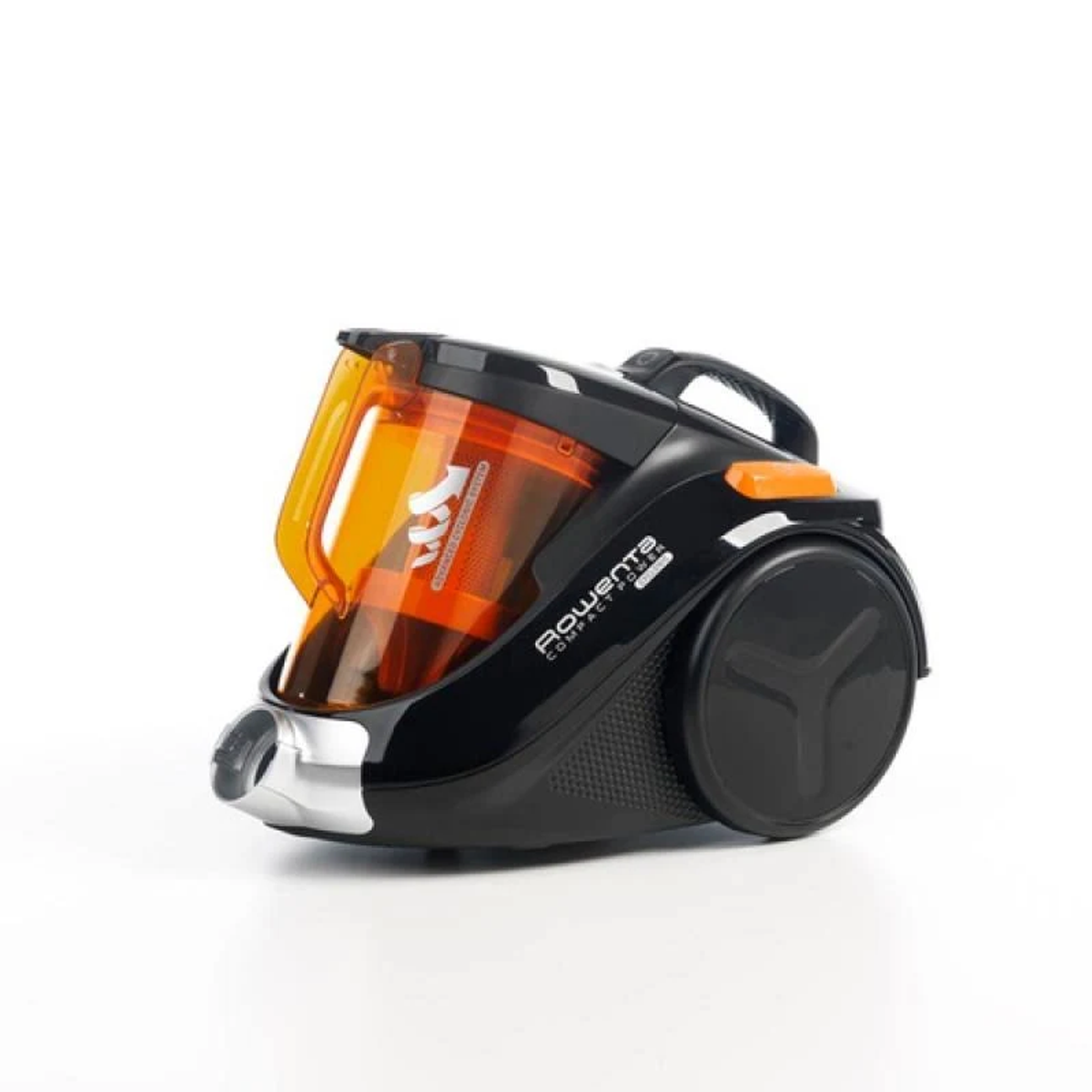 Odkurzacz, czarny i pomarańczowy, na białym tle, pokazujący bok.