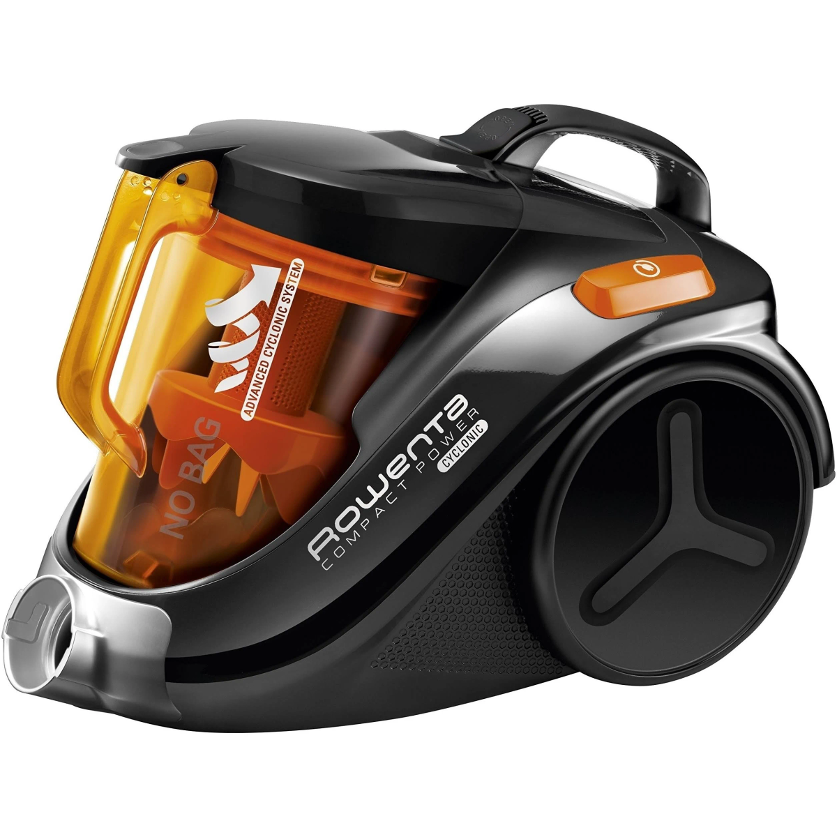 Czarno-pomarańczowy odkurzacz Rowenta. Widoczny model Compact Power Cyclonic. Białe tło.