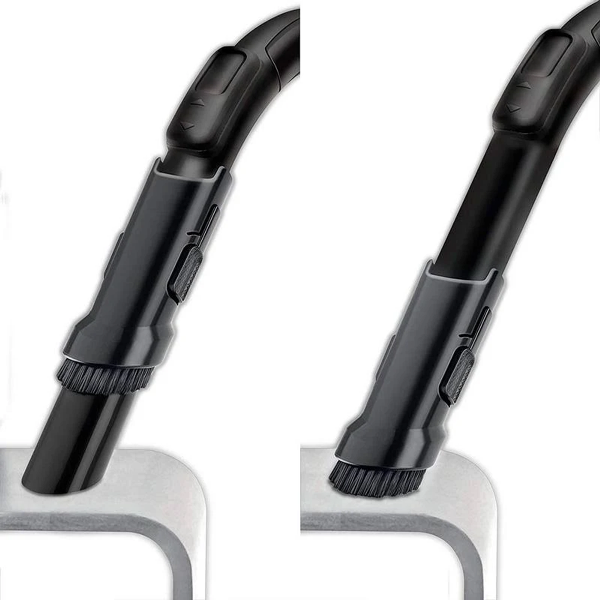 Zbliżenie nasadek do odkurzacza. Pokazano dwa, jeden ze szczotką.