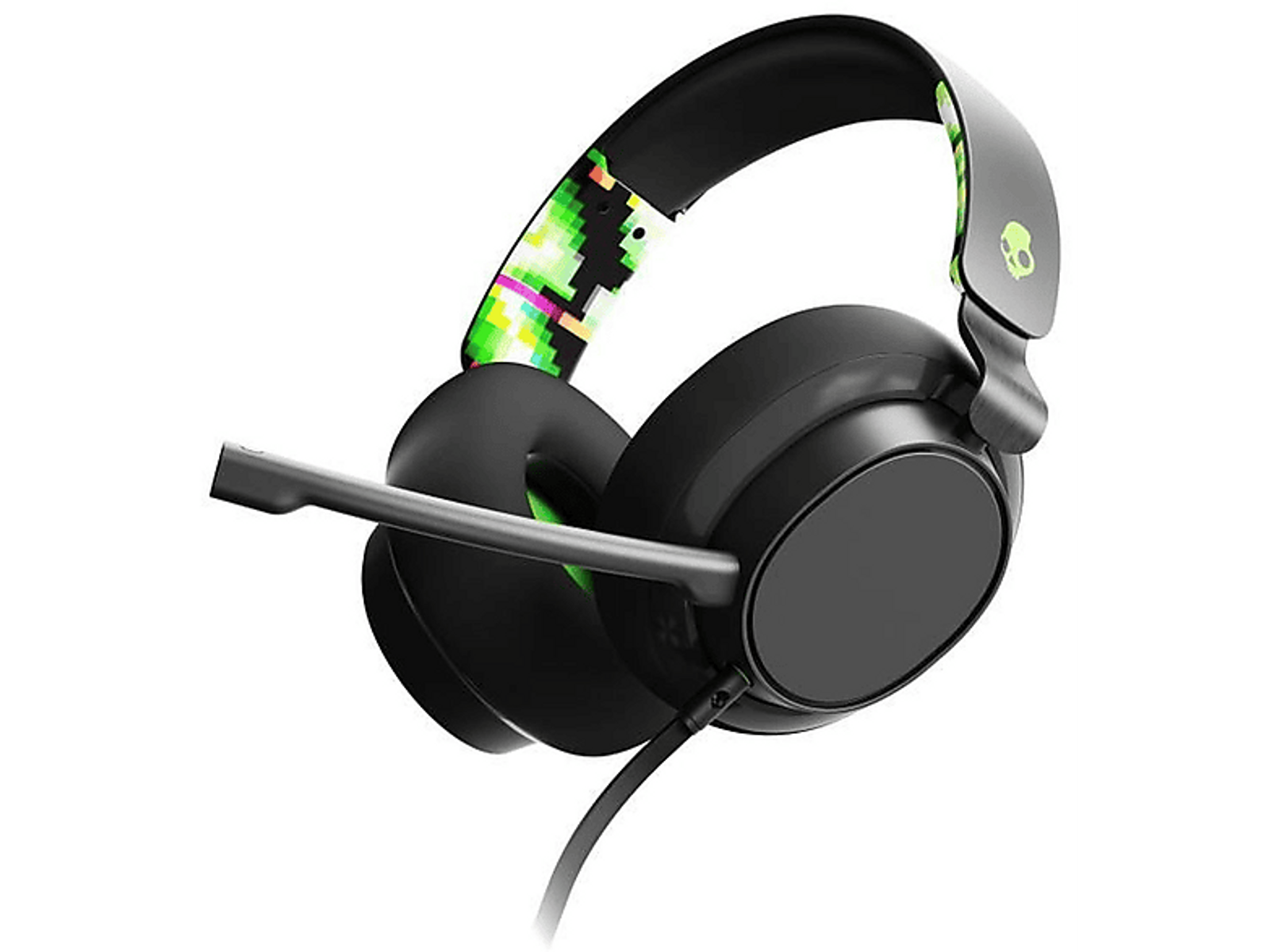 Cuffie Skullcandy nere con logo verde e design pixelato sull'archetto.