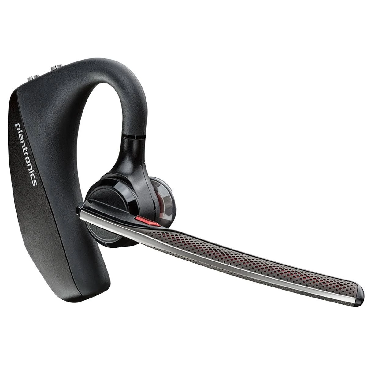 Czarny zestaw słuchawkowy Plantronics z długim ramieniem mikrofonu. Spoczywa na białej powierzchni.