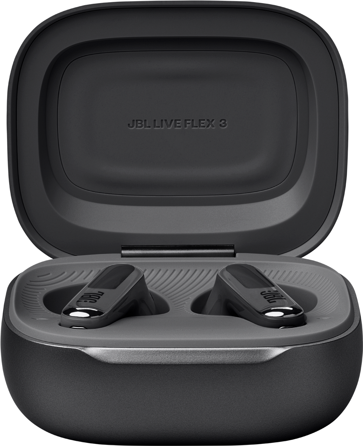 Schwarze JBL Live Flex 3 Ohrhörer in offener Ladebox, Draufsicht.