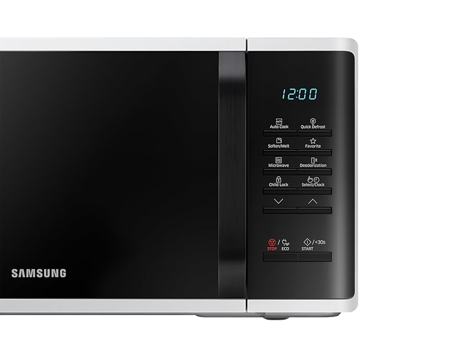 Microonde Samsung nero. Il display mostra le 12:00. Pannello di controllo a destra.