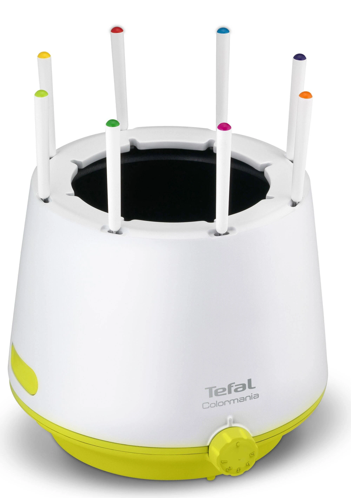 Babyflaschensterilisator, weiß und gelb. Bunte Stifte für Flaschen sind vorhanden.