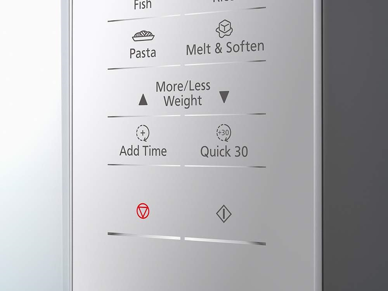 Panel sterowania kuchenką mikrofalową z opcjami gotowania. Przyciski do makaronu, wagi, czasu i szybkie 30 sekund.