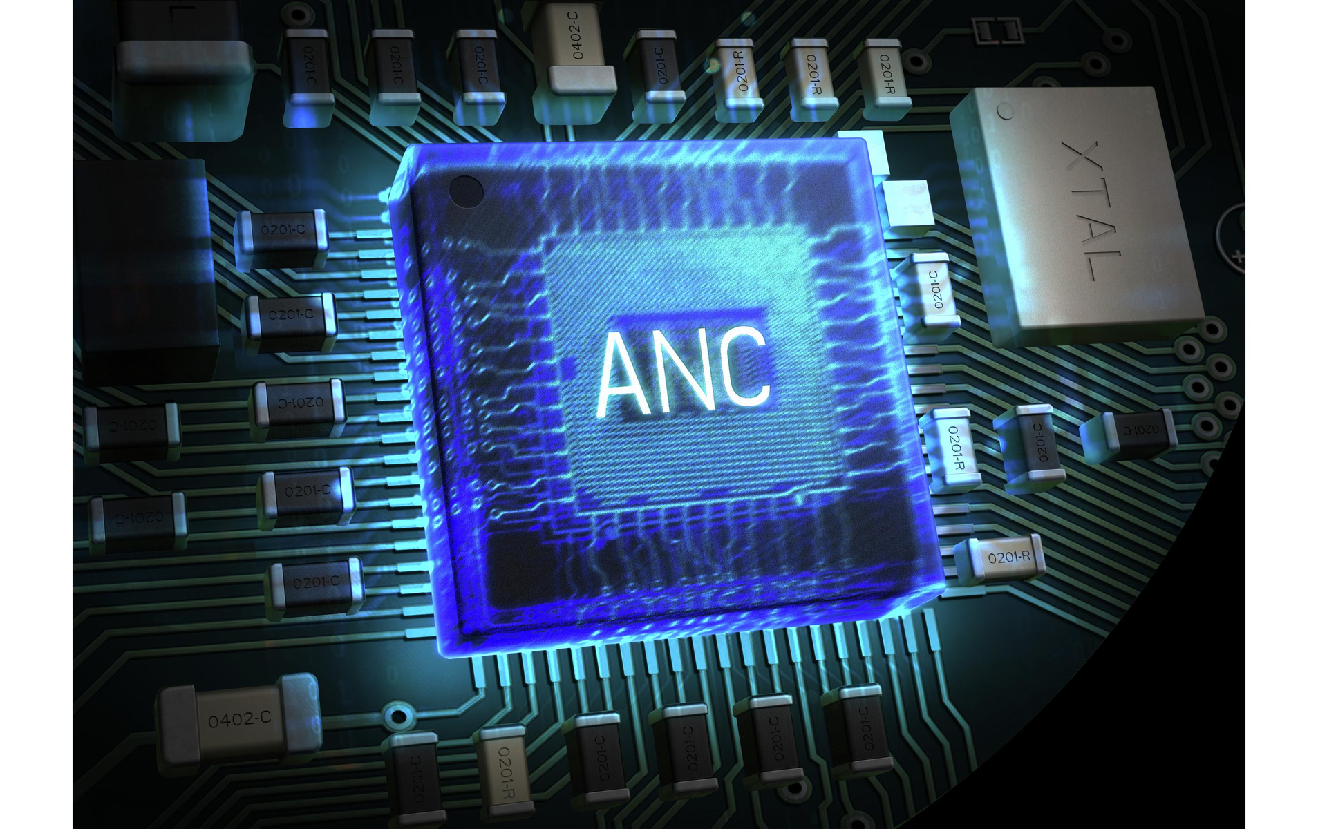 Nahaufnahme einer Leiterplatte mit einem blauen Quadrat mit der Aufschrift ANC, schwarzer Hintergrund.