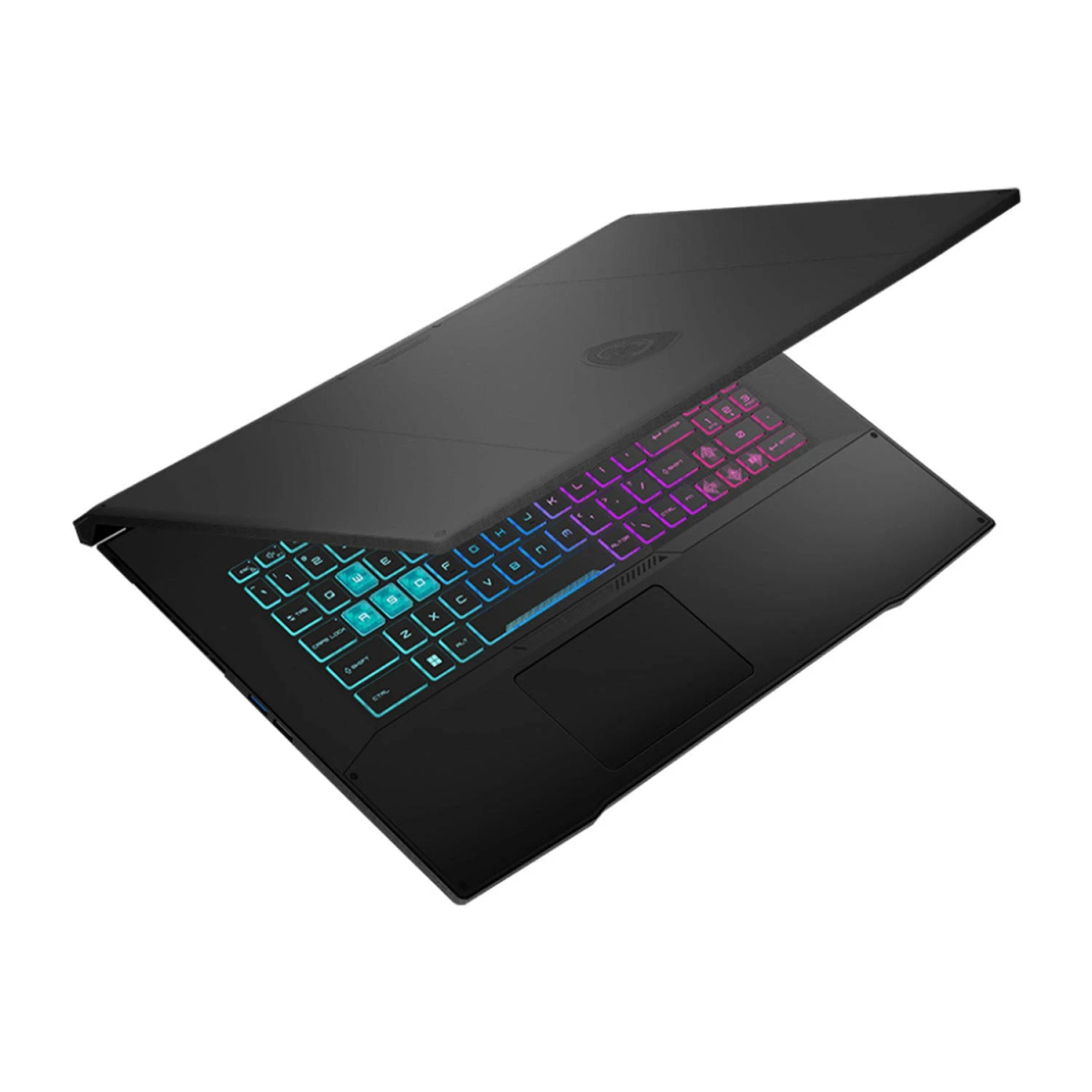 Laptop nero con coperchio aperto, tastiera illuminata e corpo nero.