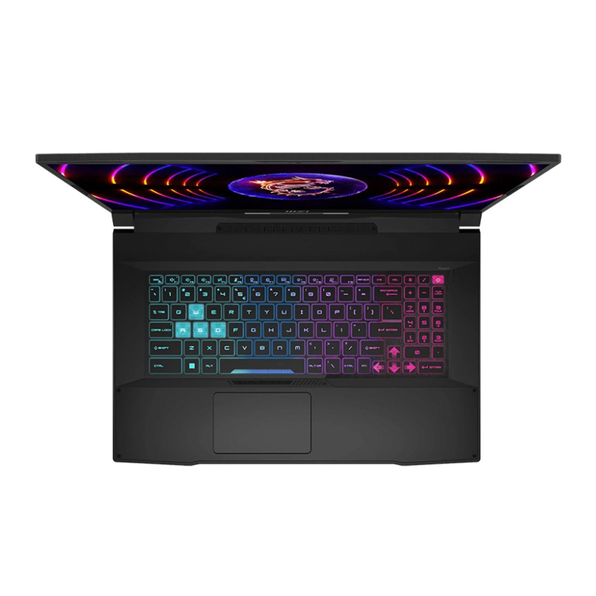 Un laptop nero con tastiera retroilluminata colorata, aperto e visto dall'alto.