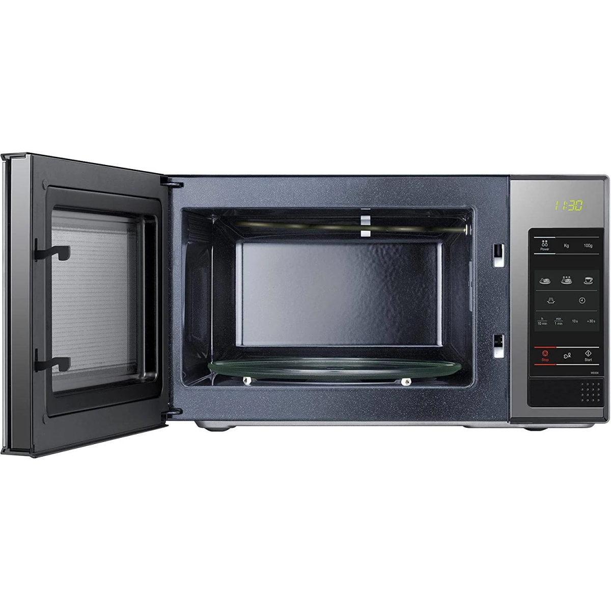 Forno a microonde con la porta aperta. L'interno ha un piatto di vetro. Il display mostra l'ora.
