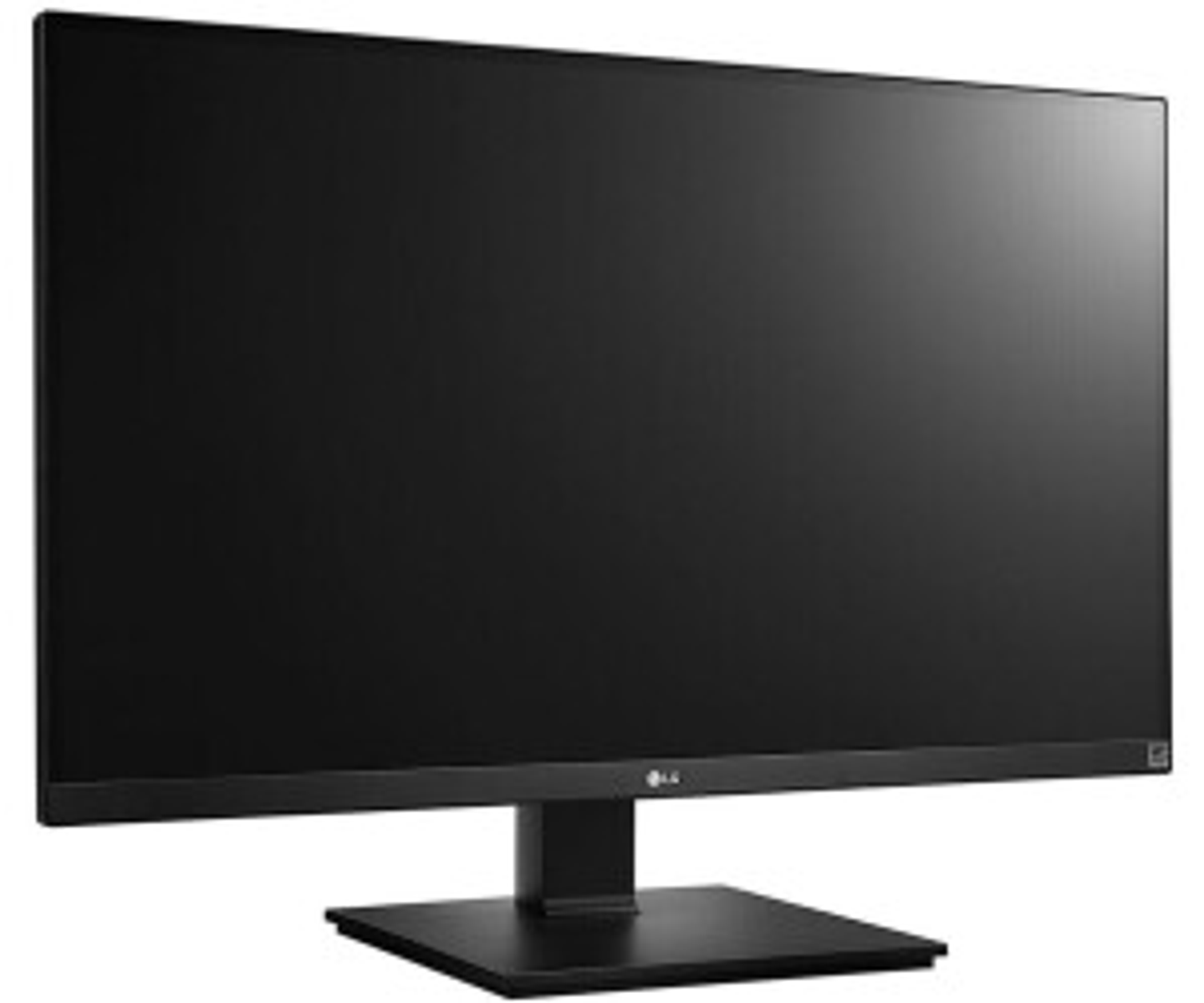 Czarny monitor LG z czarną podstawą, na białym tle.