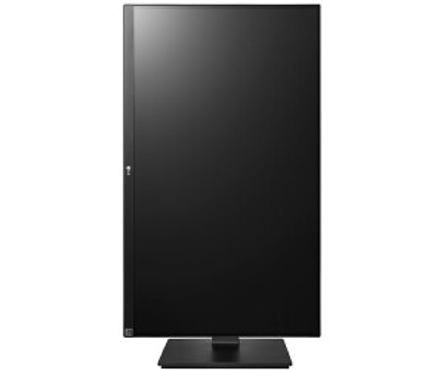 Czarny monitor, płaski ekran, stojący na czarnej podstawie. Ekran jest wyłączony.