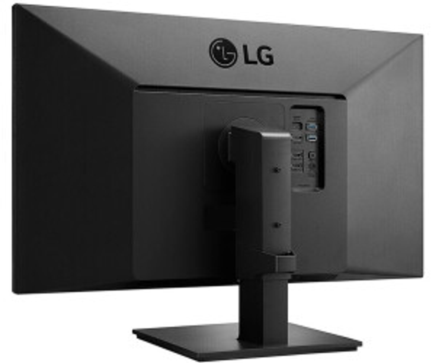 Widok z tyłu czarnego monitora LG ze stojakiem i widocznymi portami.