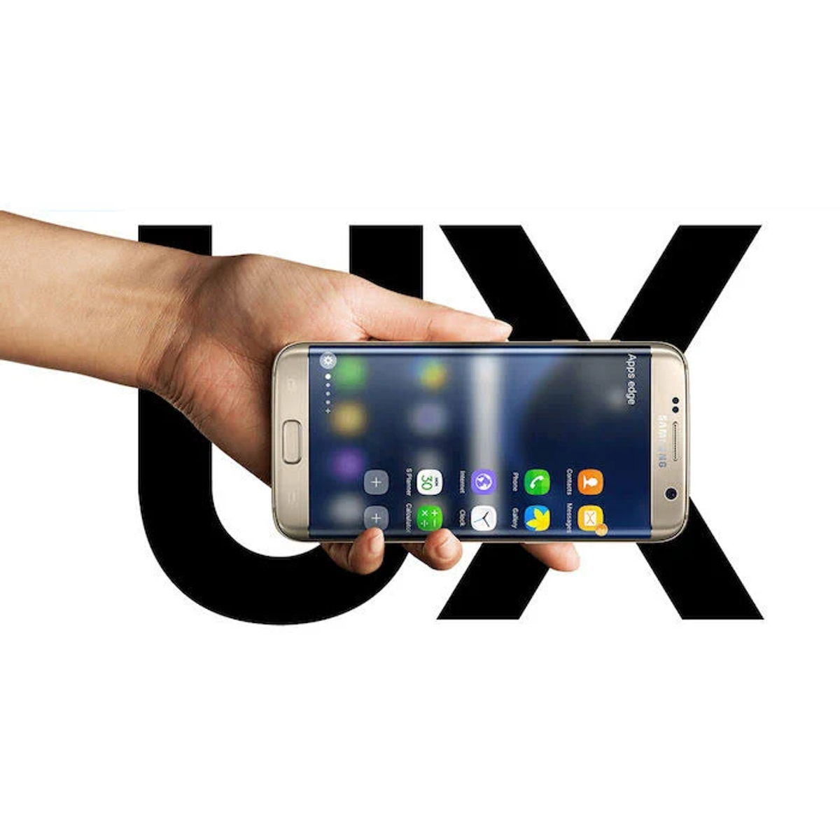 Eine Hand hält ein goldenes Smartphone mit UX-Logo auf weißem Grund.