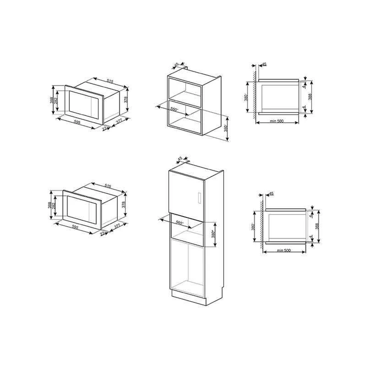 Dibujos de un horno microondas empotrado con medidas y dimensiones.