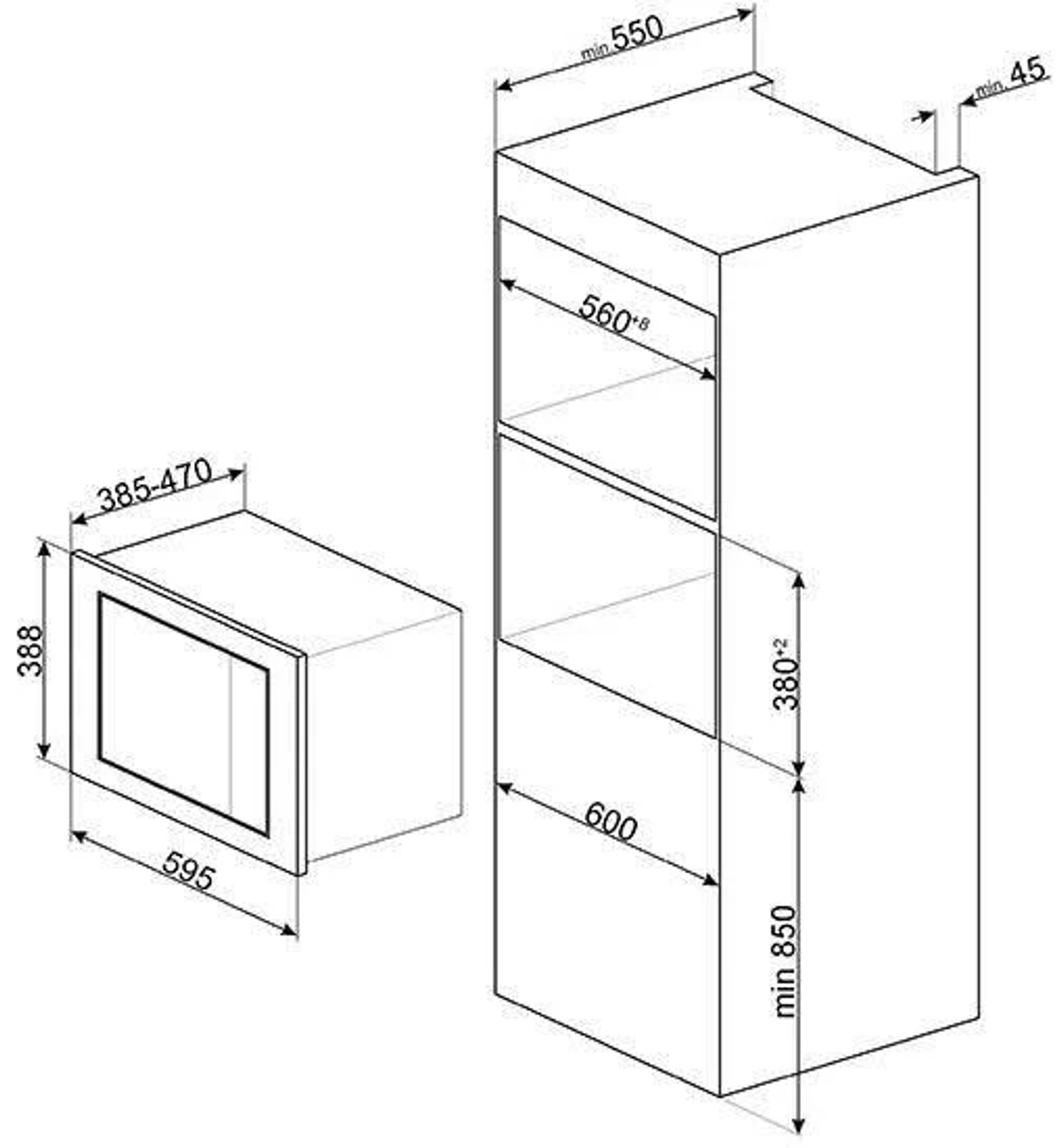 Vista isométrica de un microondas empotrado y un armario. Las dimensiones se indican con flechas y números.