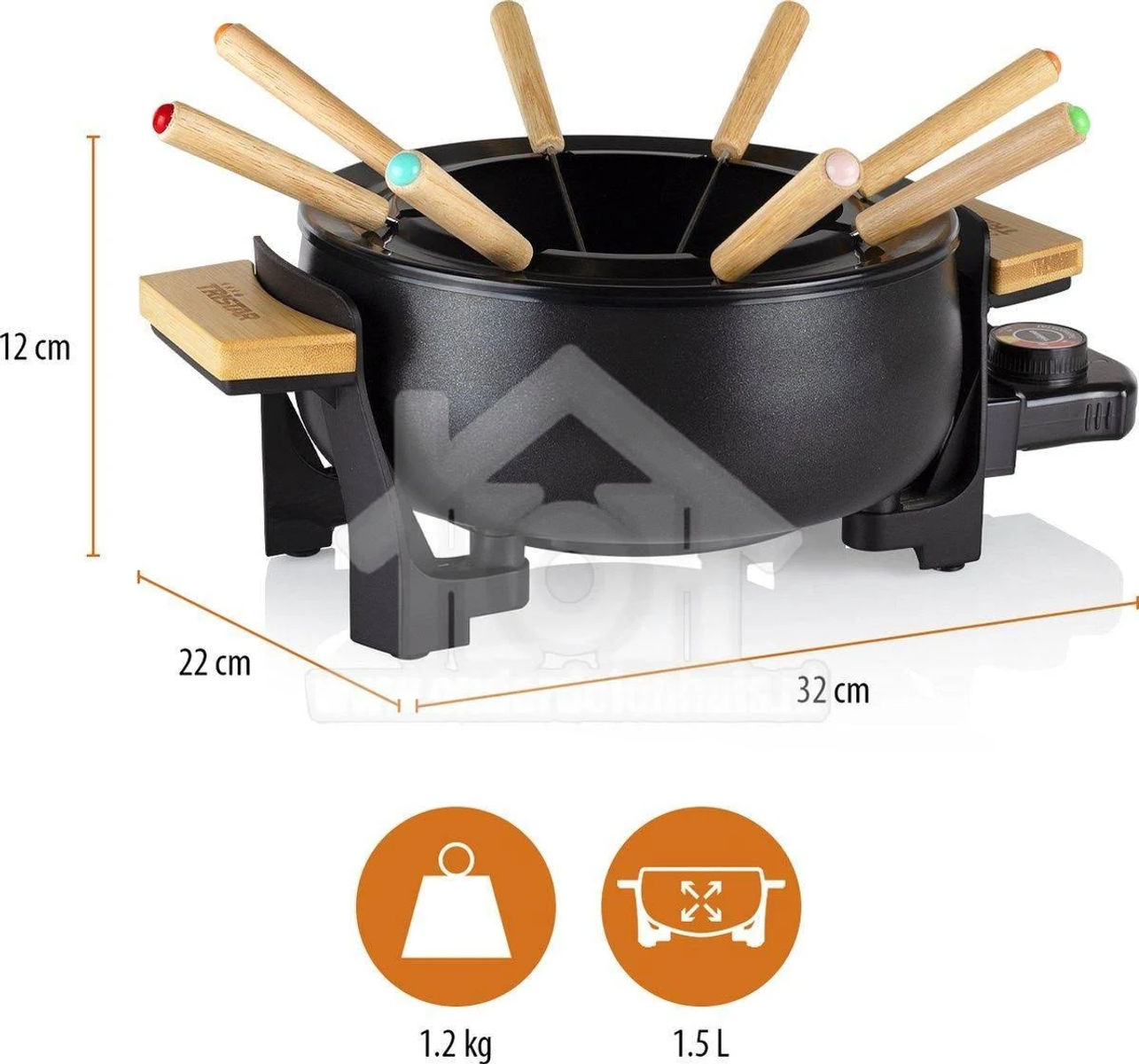 Una olla de fondue negra con mangos de madera y base negra, con medidas.