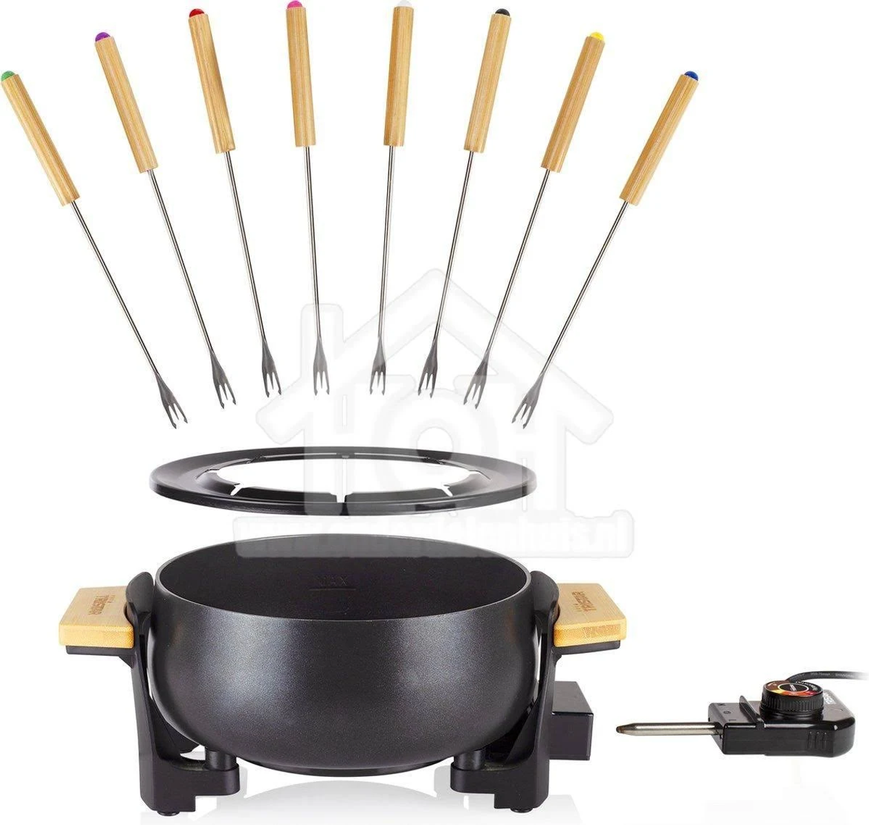 Juego de fondue, con tenedores y olla. Incluye una unidad de control y un anillo.