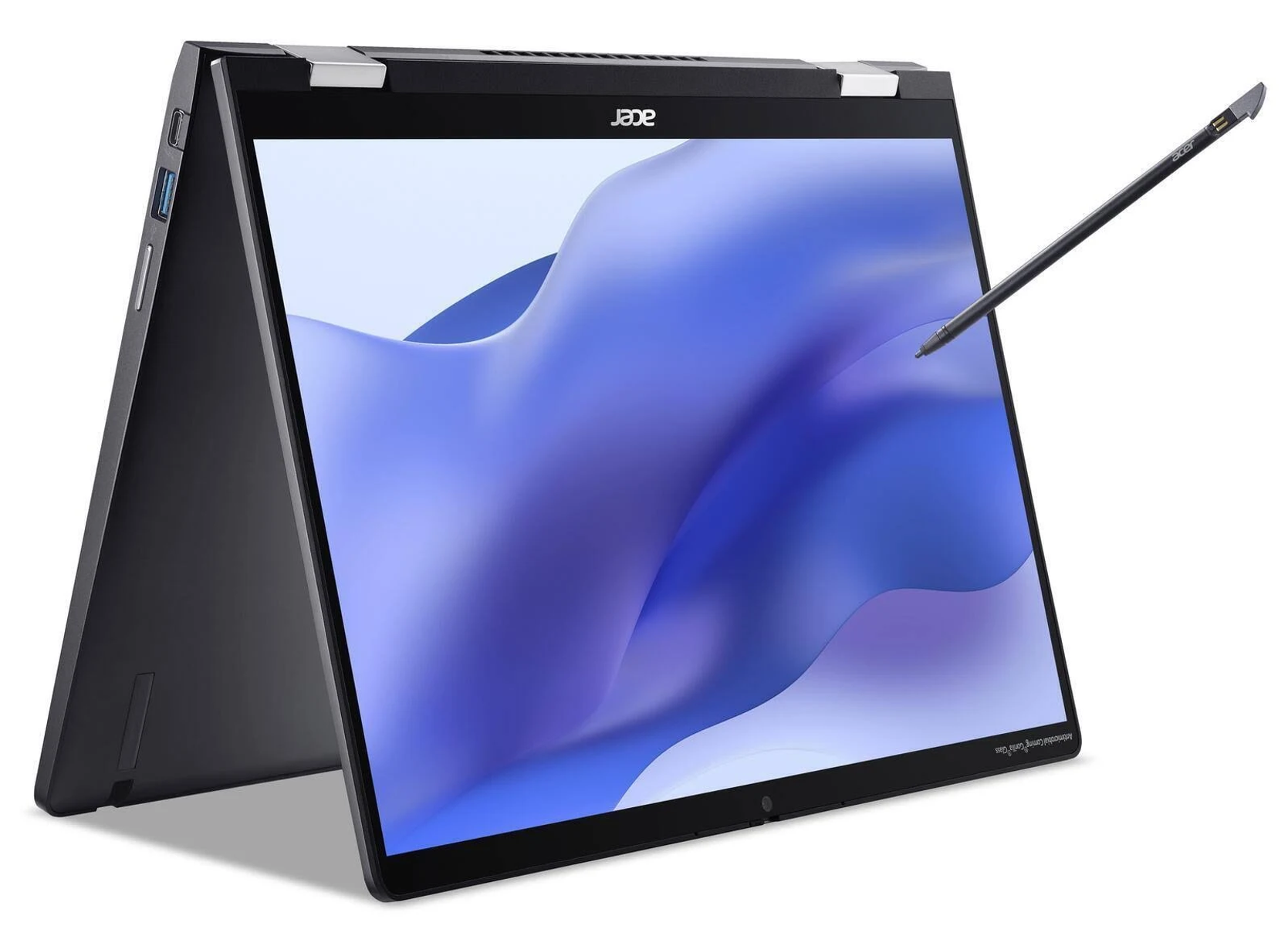 Czarny laptop, otwarty ekran, rysik na ekranie. Wyświetla niebieską i białą grafikę.