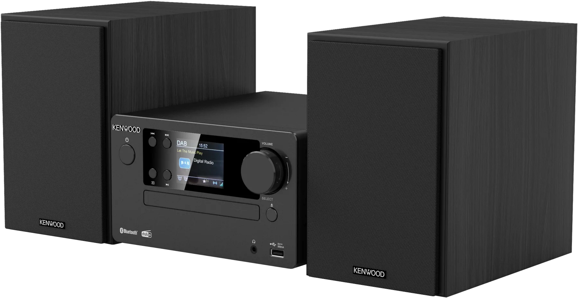 Schwarzes Kenwood-Stereosystem mit Lautsprechern auf beiden Seiten. Der Bildschirm zeigt eine Musikoberfläche.