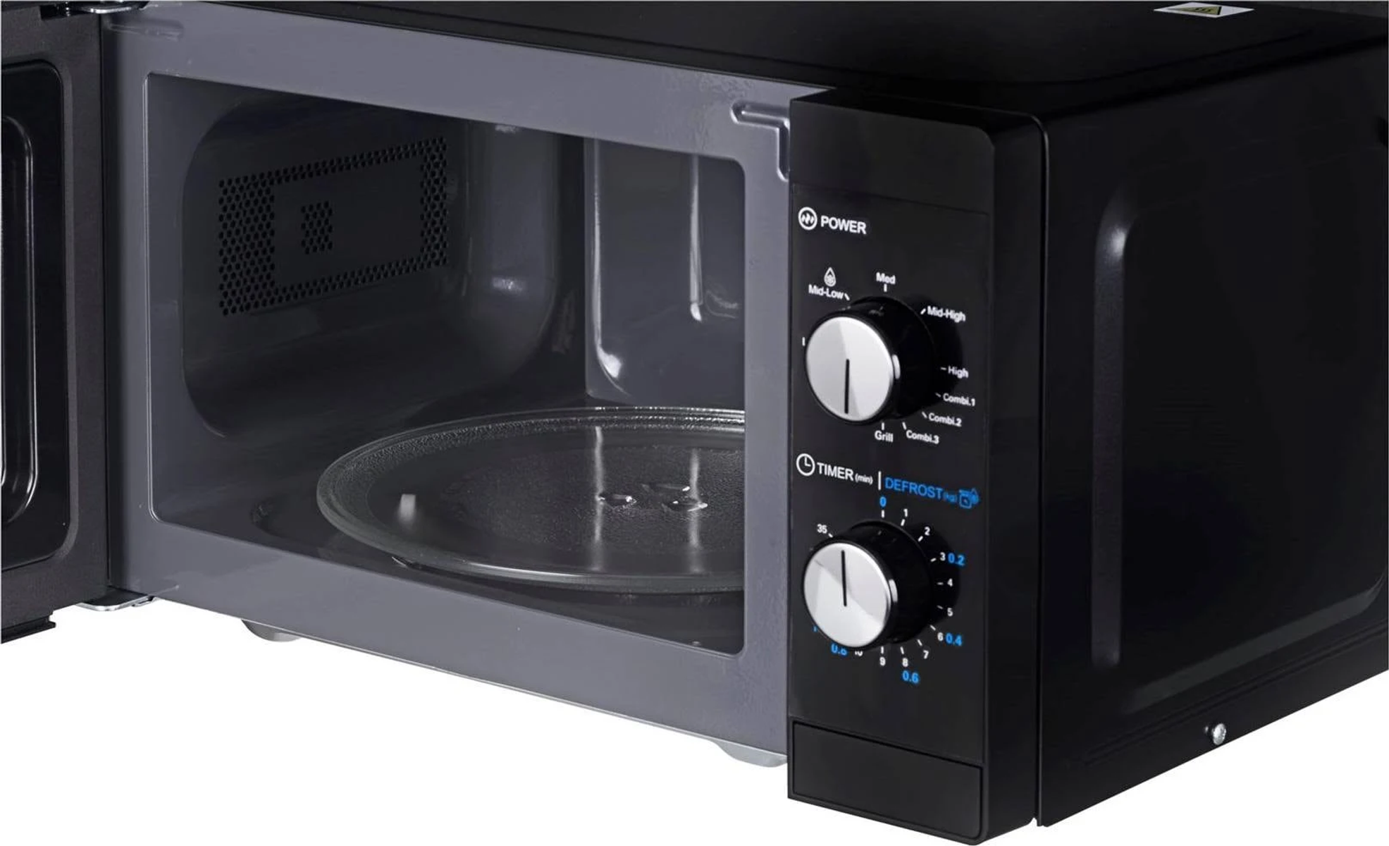 Czarna kuchenka mikrofalowa z otwartymi drzwiami, pokazująca elementy sterowania.