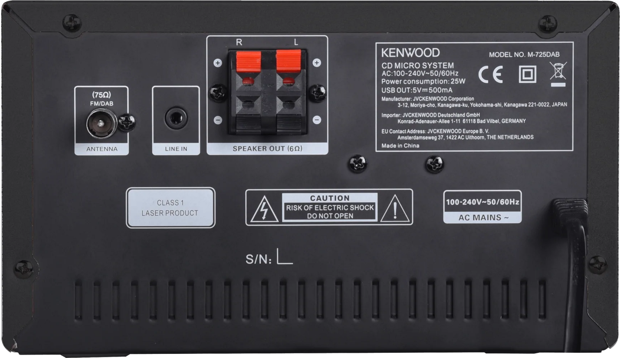 Rückseite eines Kenwood CD Micro Systems mit verschiedenen Anschlüssen.