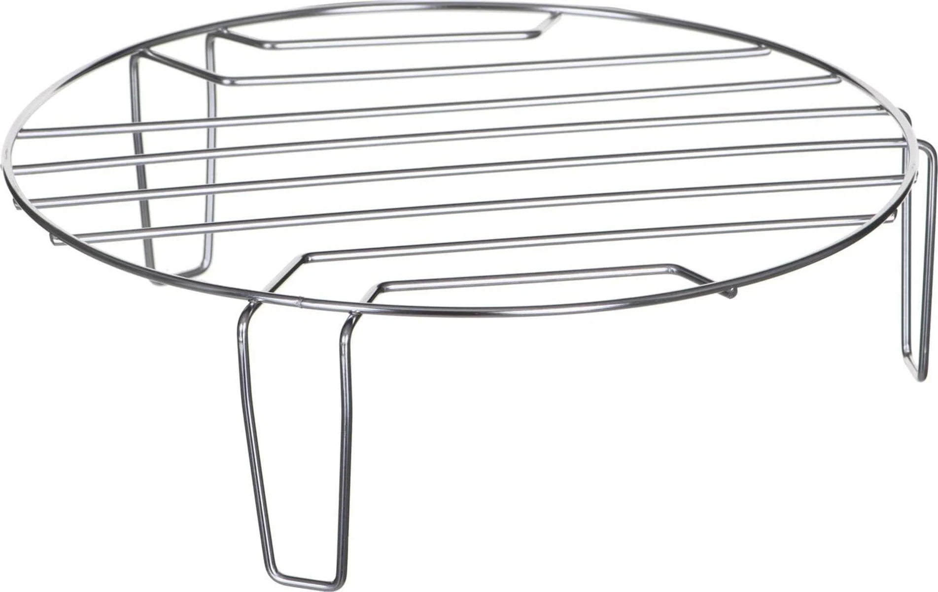 Srebrny metalowy stojak z okrągłym blatem i zakrzywionymi nóżkami.