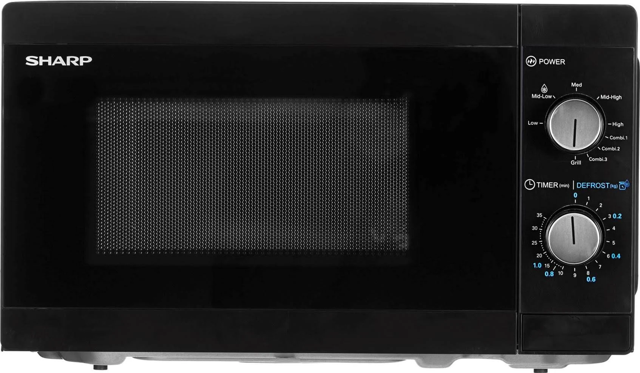 Czarna kuchenka mikrofalowa z elementami sterującymi i wyświetlaczem z przodu, na białej powierzchni.