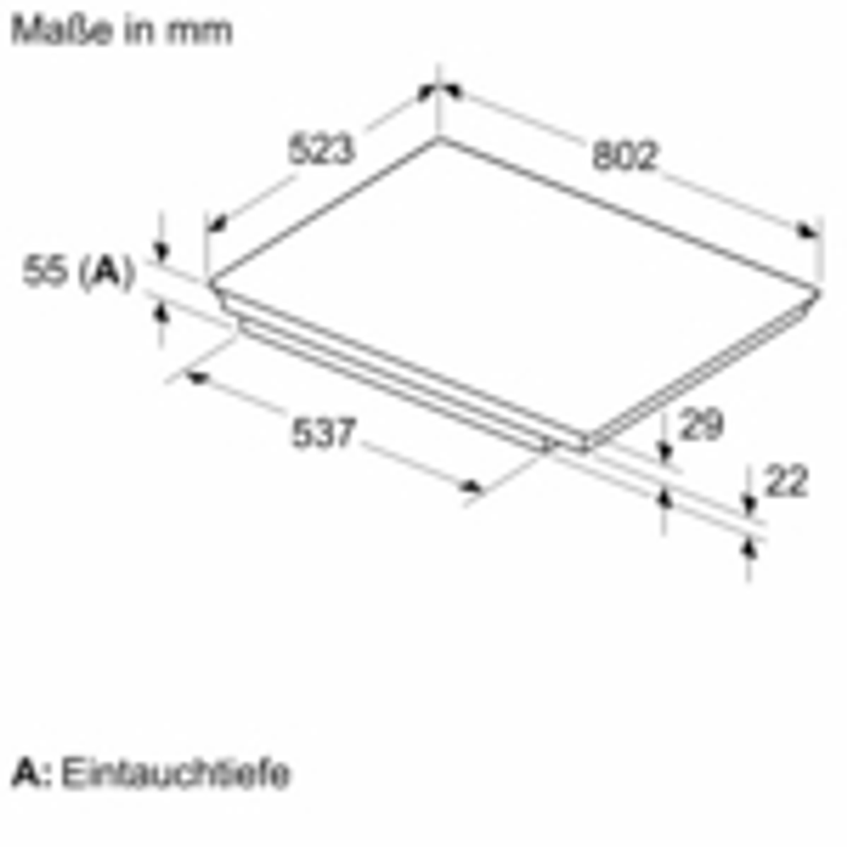 Abmessungen eines Induktionskochfelds. Zeigt Länge, Breite und Tiefe in Millimetern.