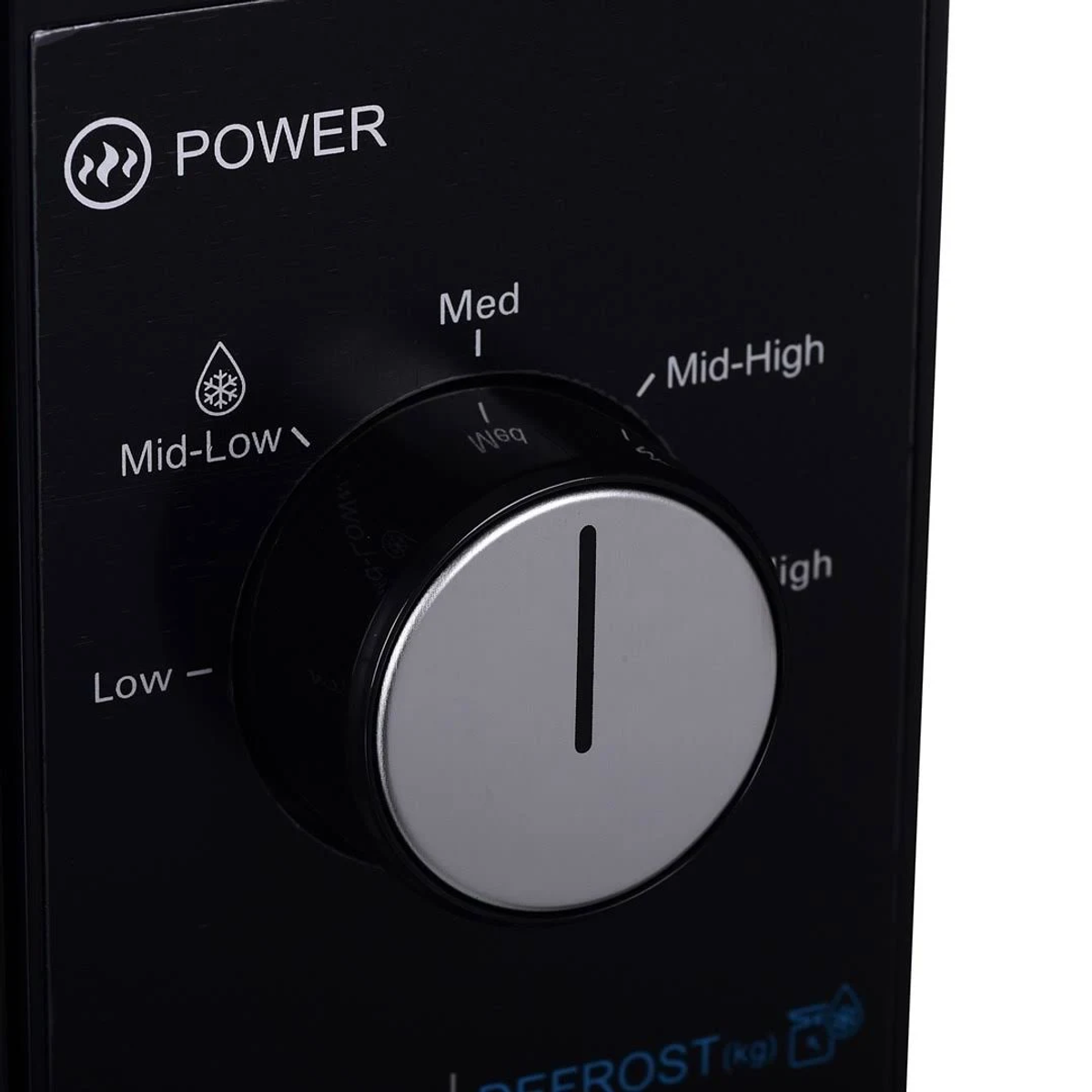Close-up van een zwart bedieningspaneel met een draaiknop 'Power' en instellingen: Low, Mid-Low, Med, Mid-High, High.