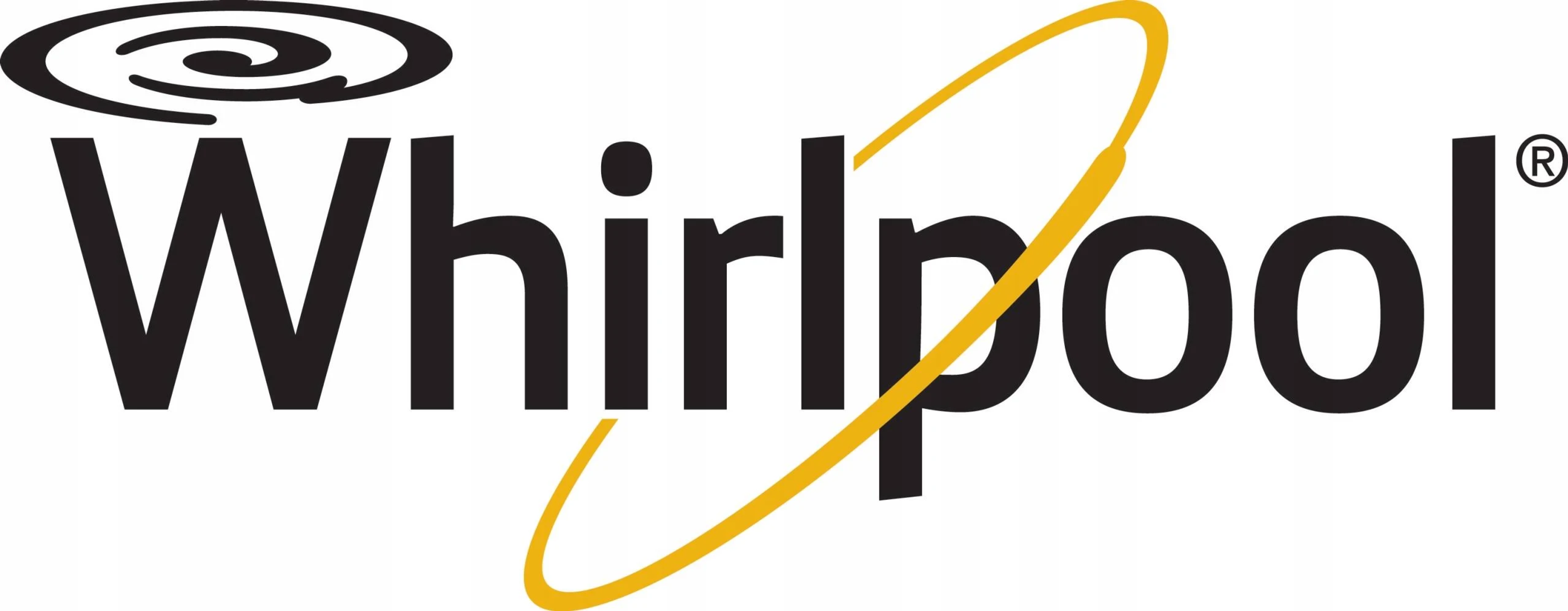 Logo Whirlpool z czarnym tekstem i żółtym owalem.