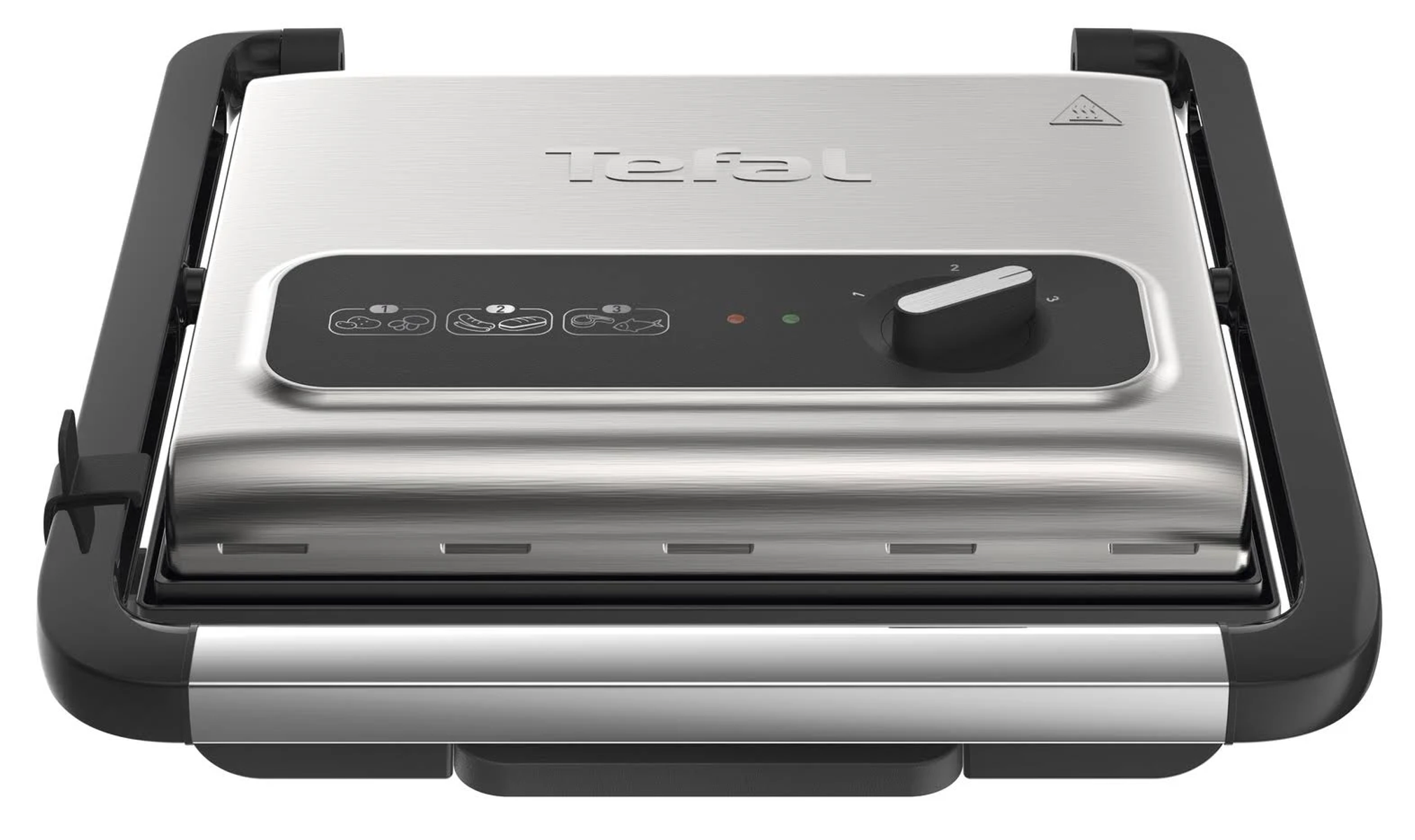 Grill Tefal, argento, manici neri, con un pannello di controllo che mostra le impostazioni.